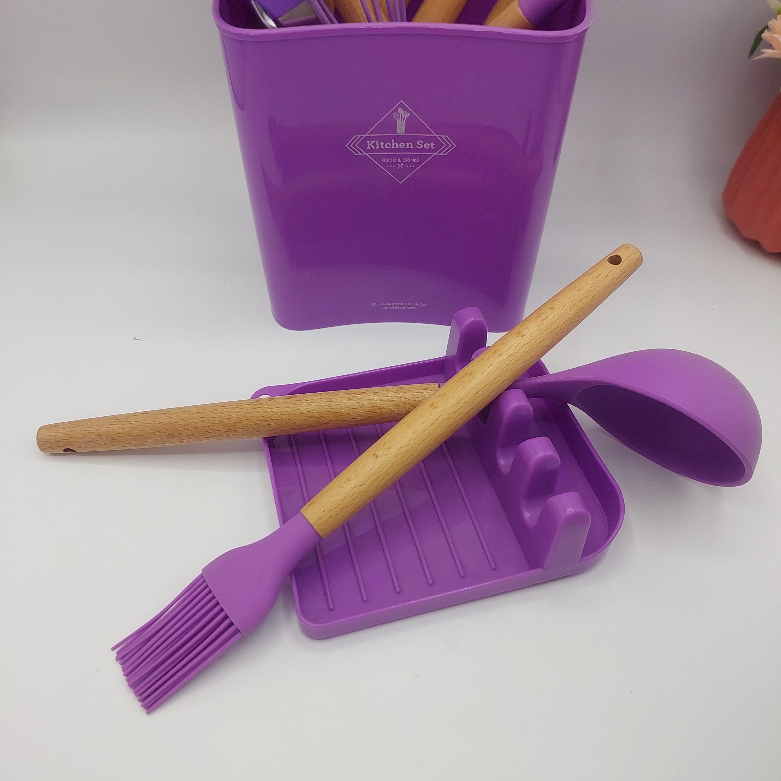 13-piece Silicone Kitchen Utensils Set with Resting Pad - Purple
