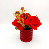 Flowers With Pots -Red & Golden Rose With Cherry Red Pots - Bricks Design