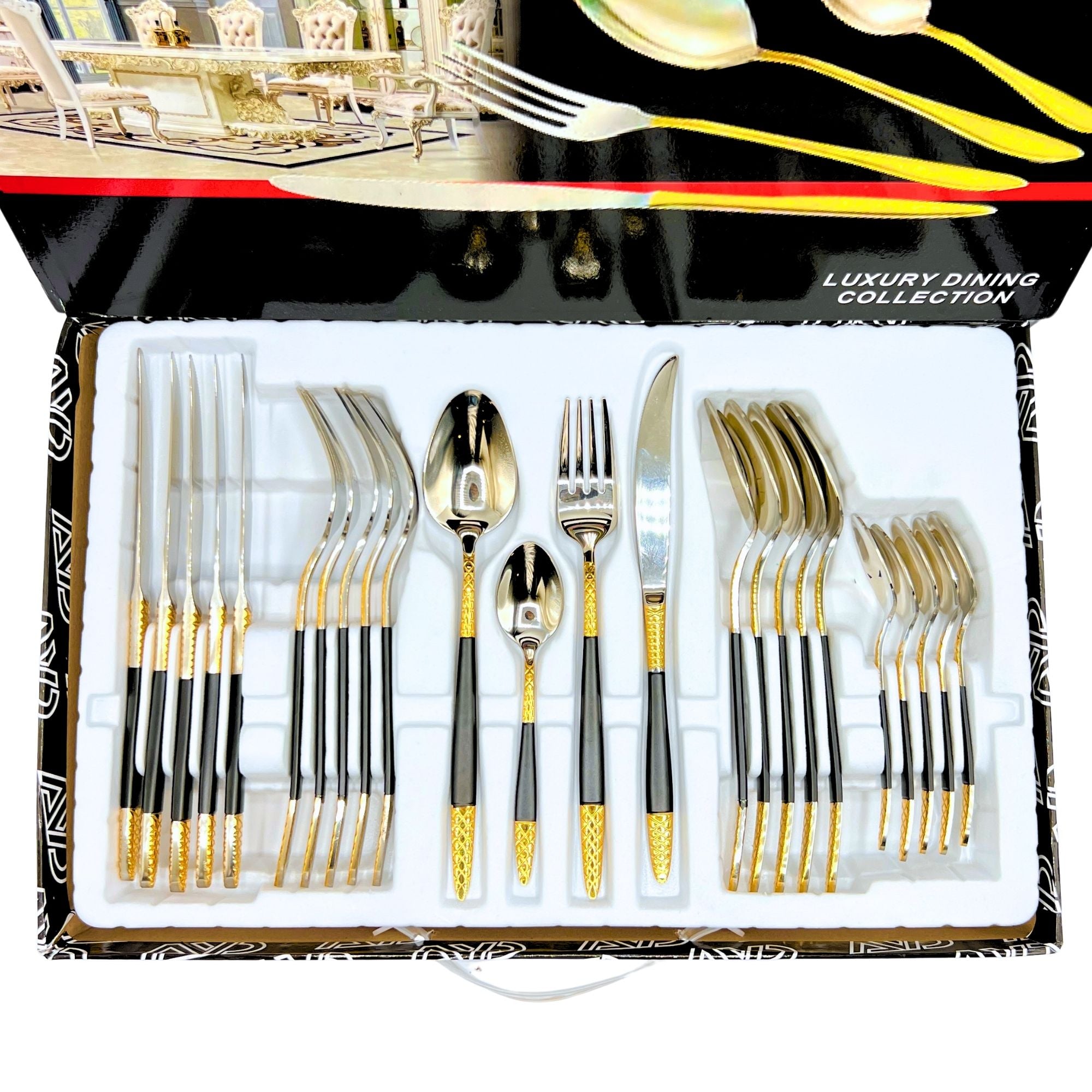 AYD Premium 24-Piece Black & Golden Cutlery Set - 6 Person