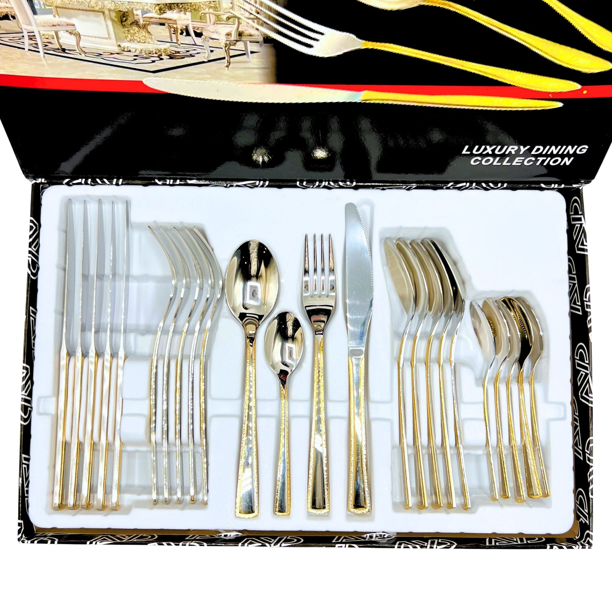 AYD Premium 24-Piece Silver & Golden Cutlery Set - 6 Person