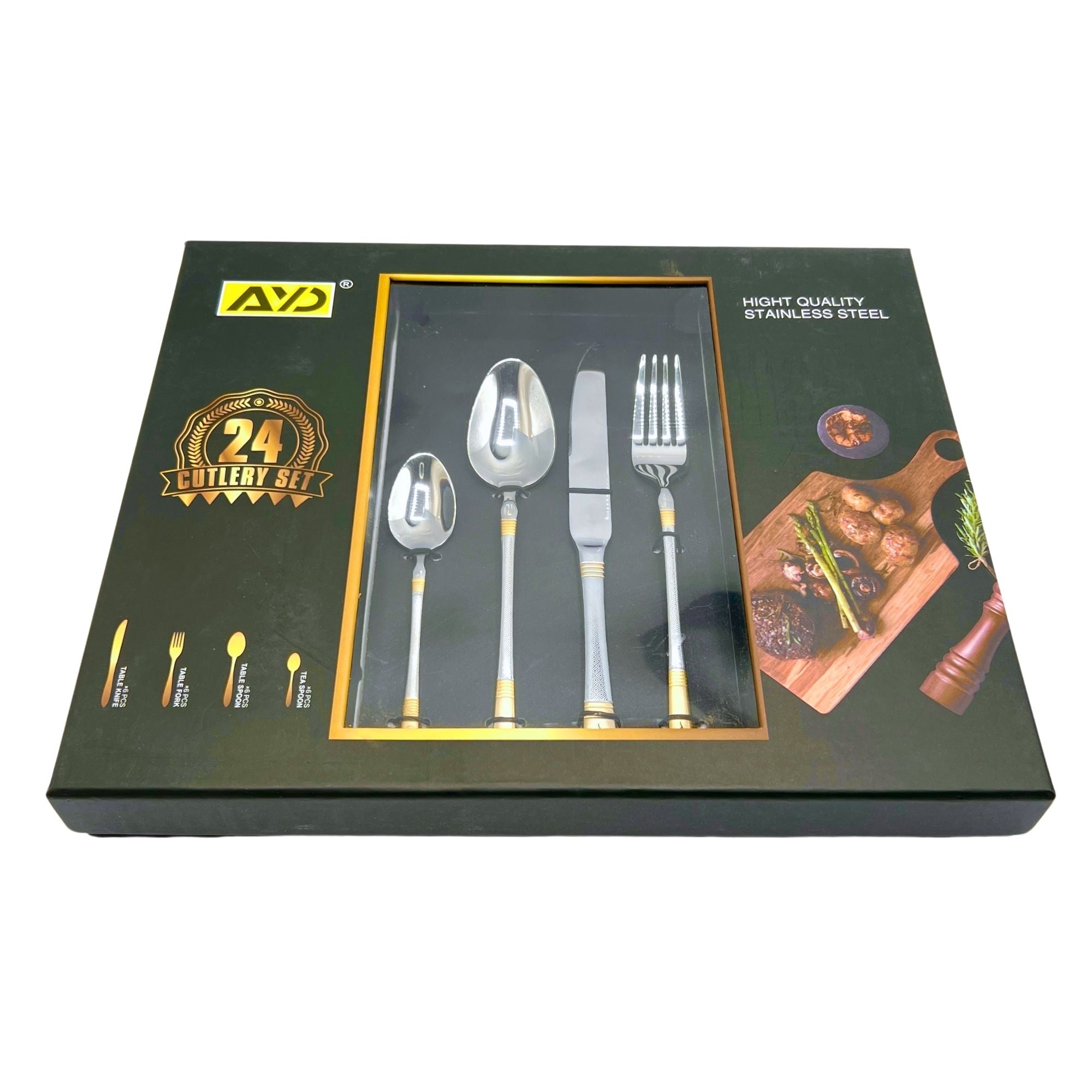 Imported Cutlery 24-Piece Golden & Silver Diamond Pattern Design - 6 Person