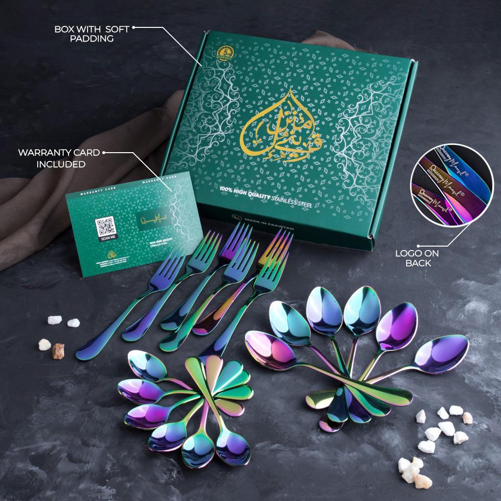 5 YEAR GUARANTEE 50 Gram Premium Rainbow Cutlery Set Qareenay Manzil® branded
