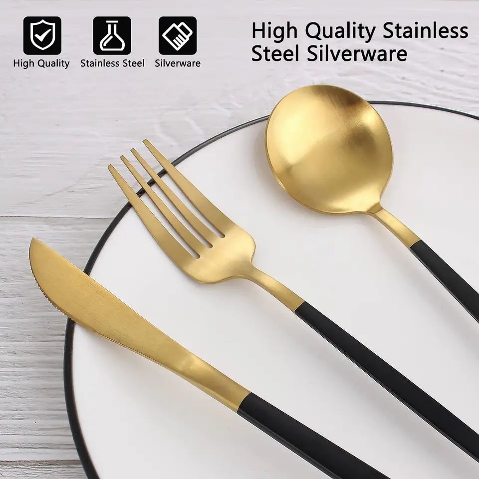 35 Grams Quality Cutlery for 6 People - 24 Piece Set - Gold & Black