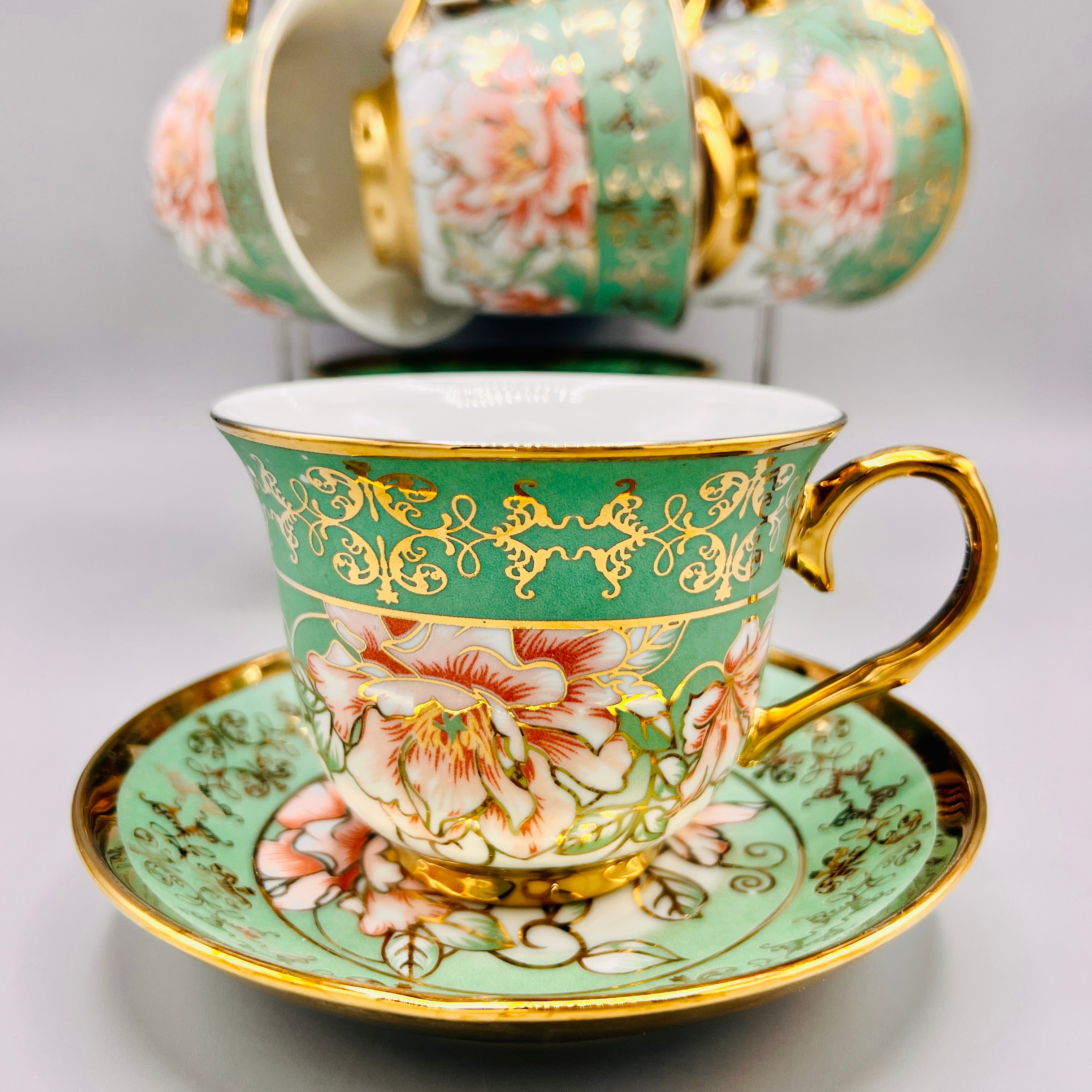 Turkish Style Tea Cup Set - Floral Green & Golden