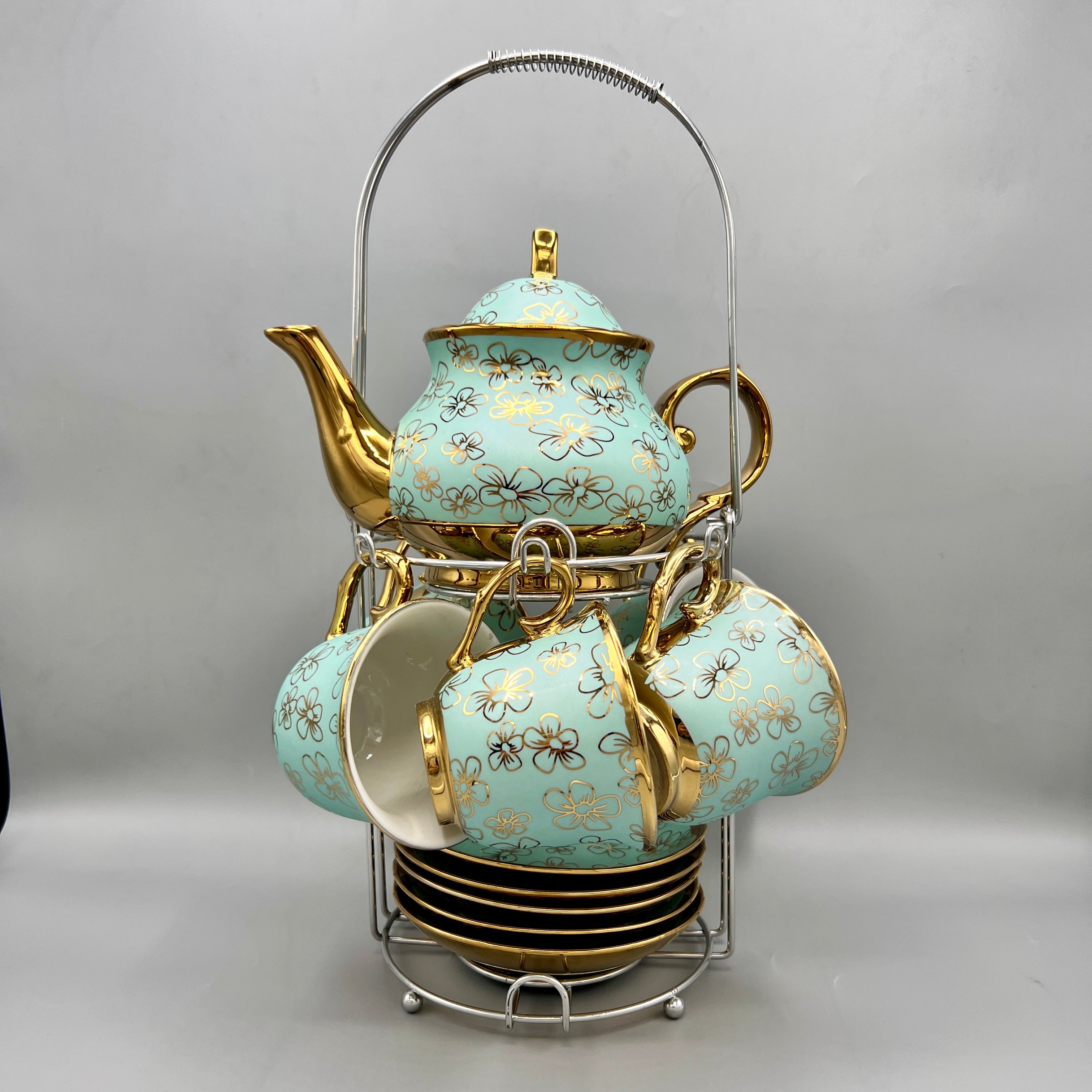 Turkish Style Tea Cup Set - Sea Green & Golden