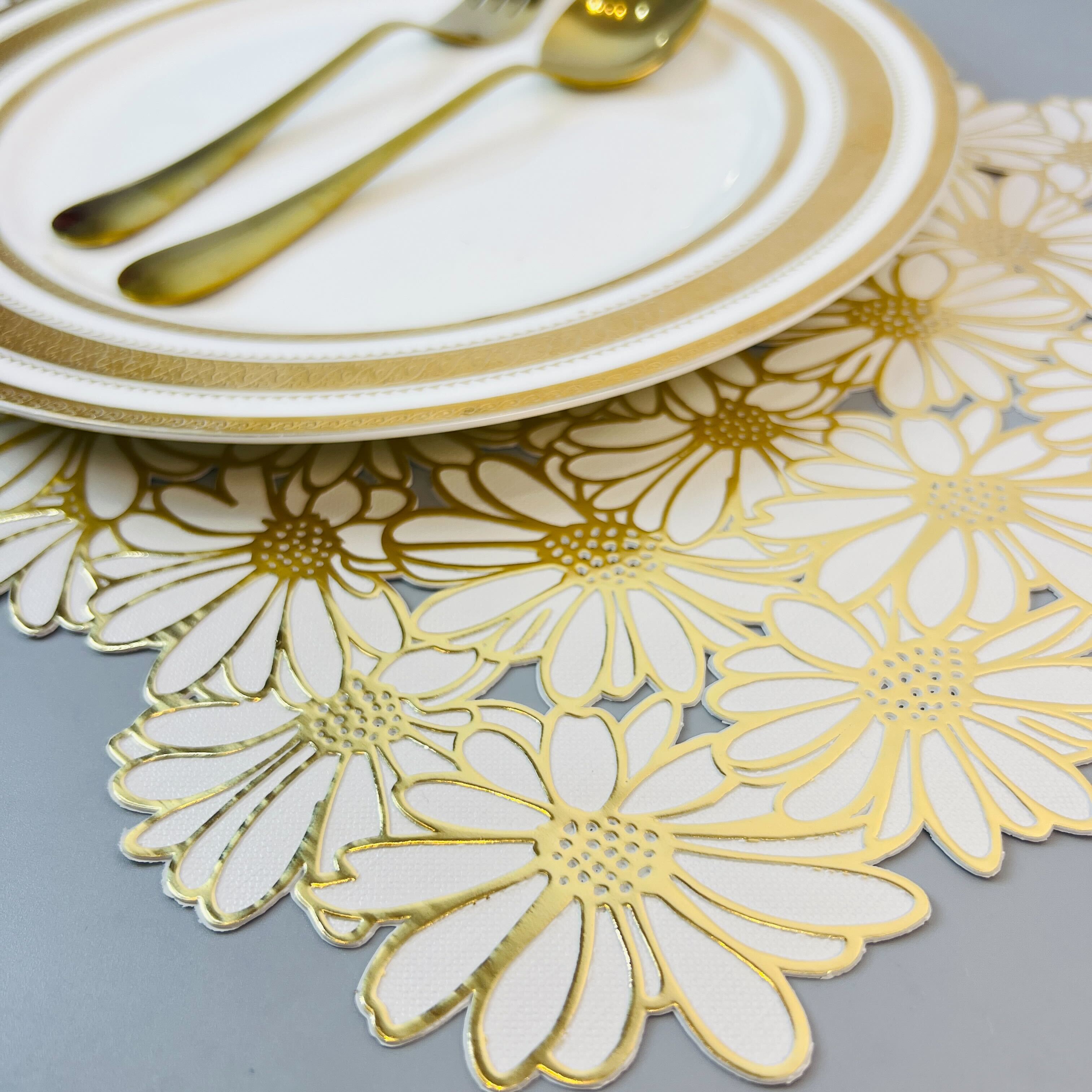6 pcs Placemats - Golden & White Flower Design