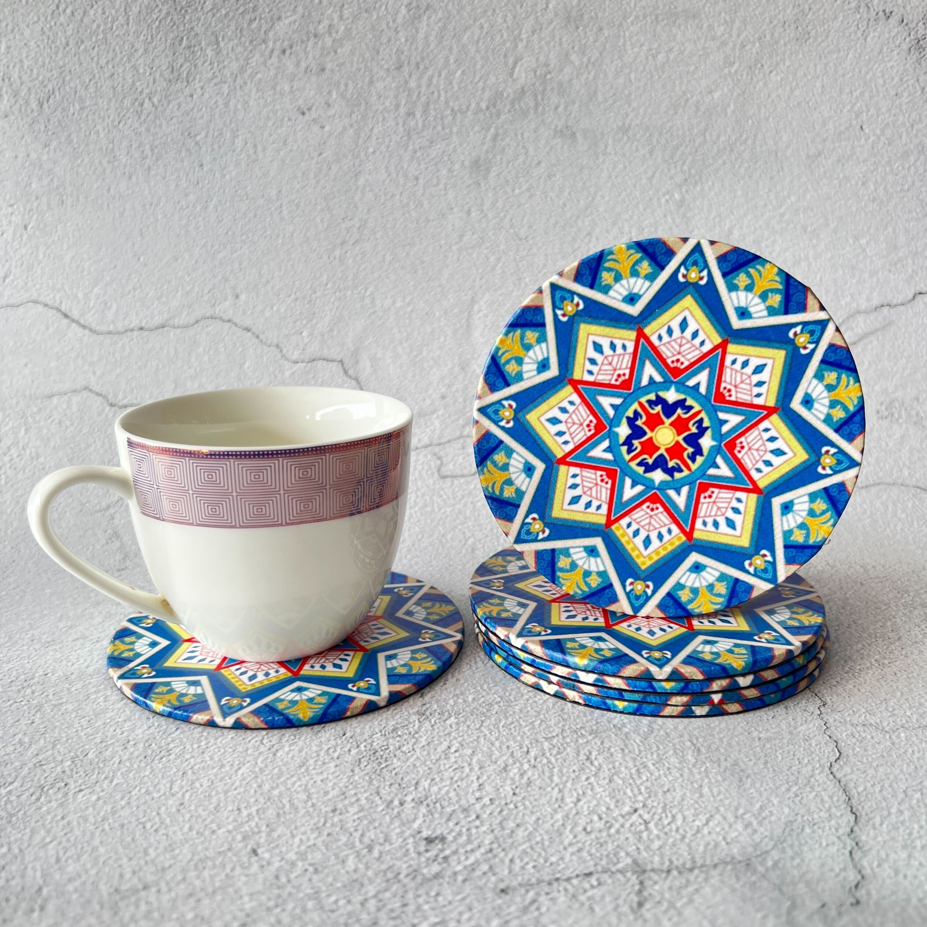 6 pcs Textured Leather Coaster Mats - Blue & White