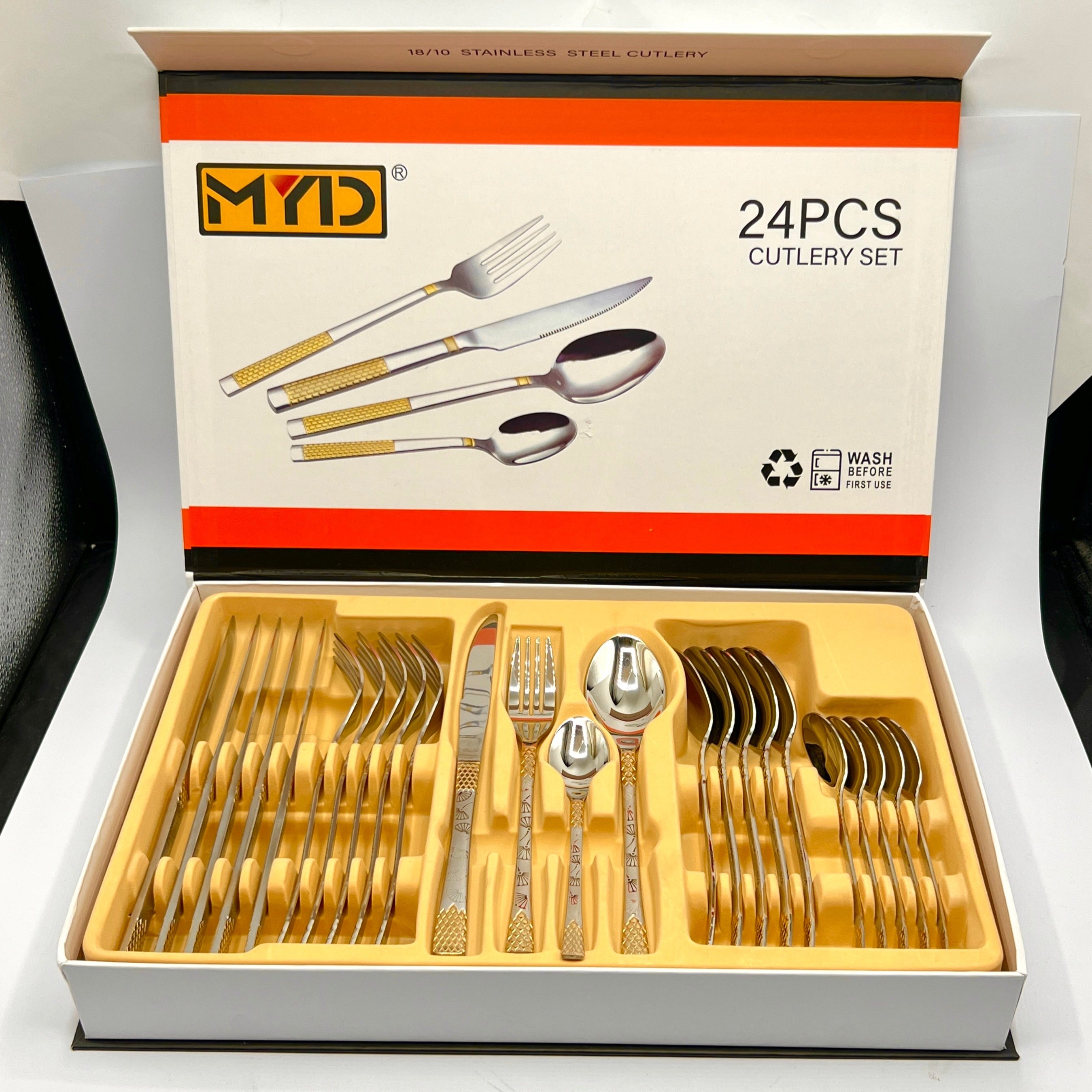 Imported Cutlery 24-Piece Silver & Golden Flower Design - 6 Person