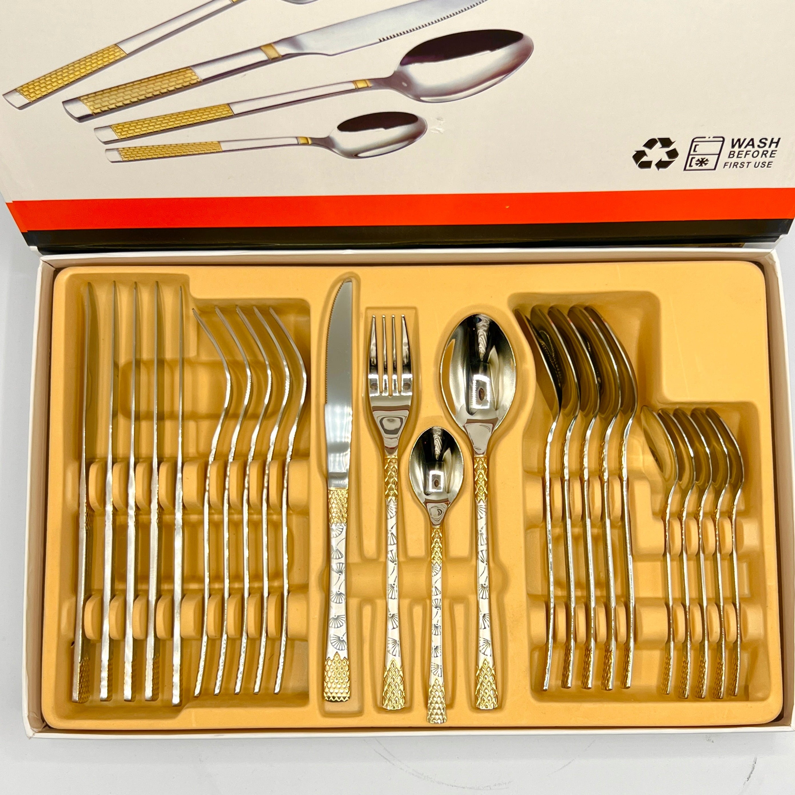 Imported Cutlery 24-Piece Silver & Golden Flower Design - 6 Person