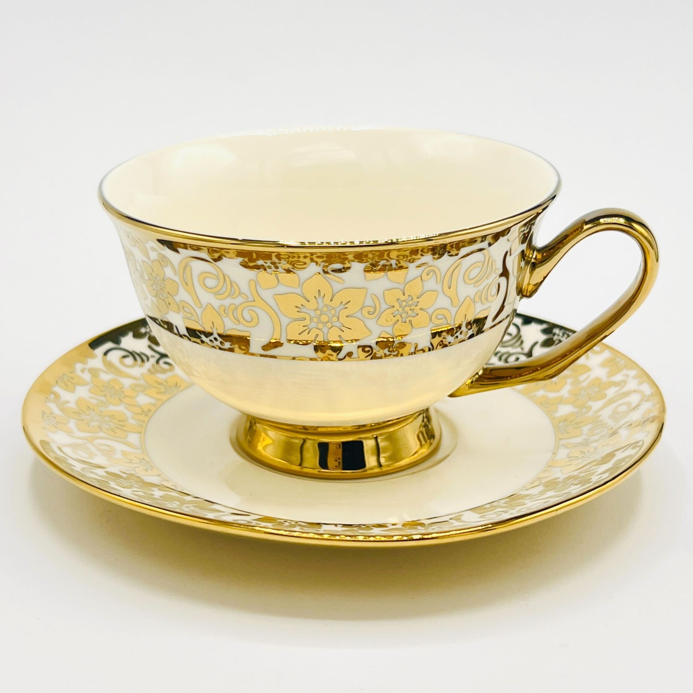 6 Persons Ceramic Tea cup & Saucer Set - Golden Flower Design