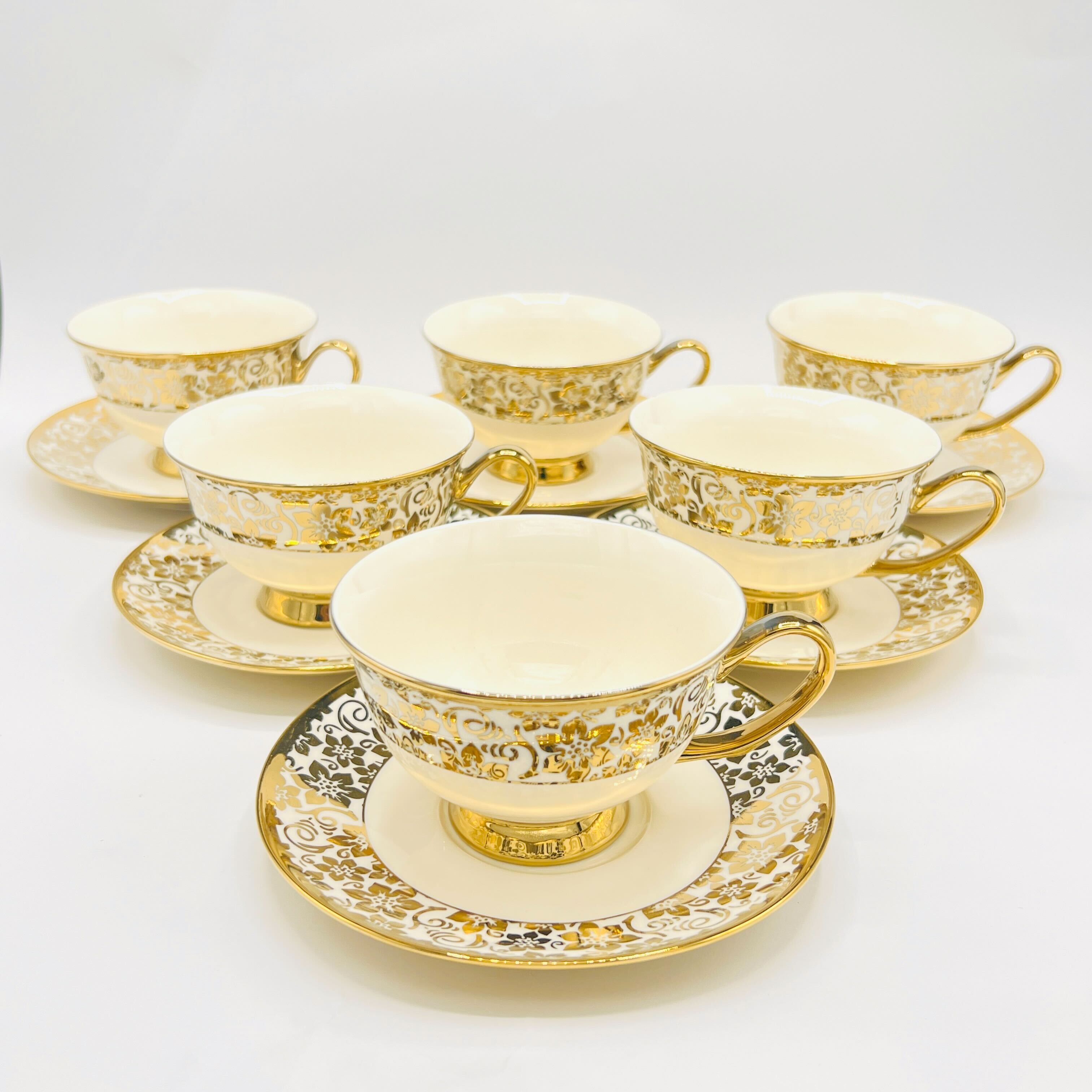 6 Persons Ceramic Tea cup & Saucer Set - Golden Flower Design