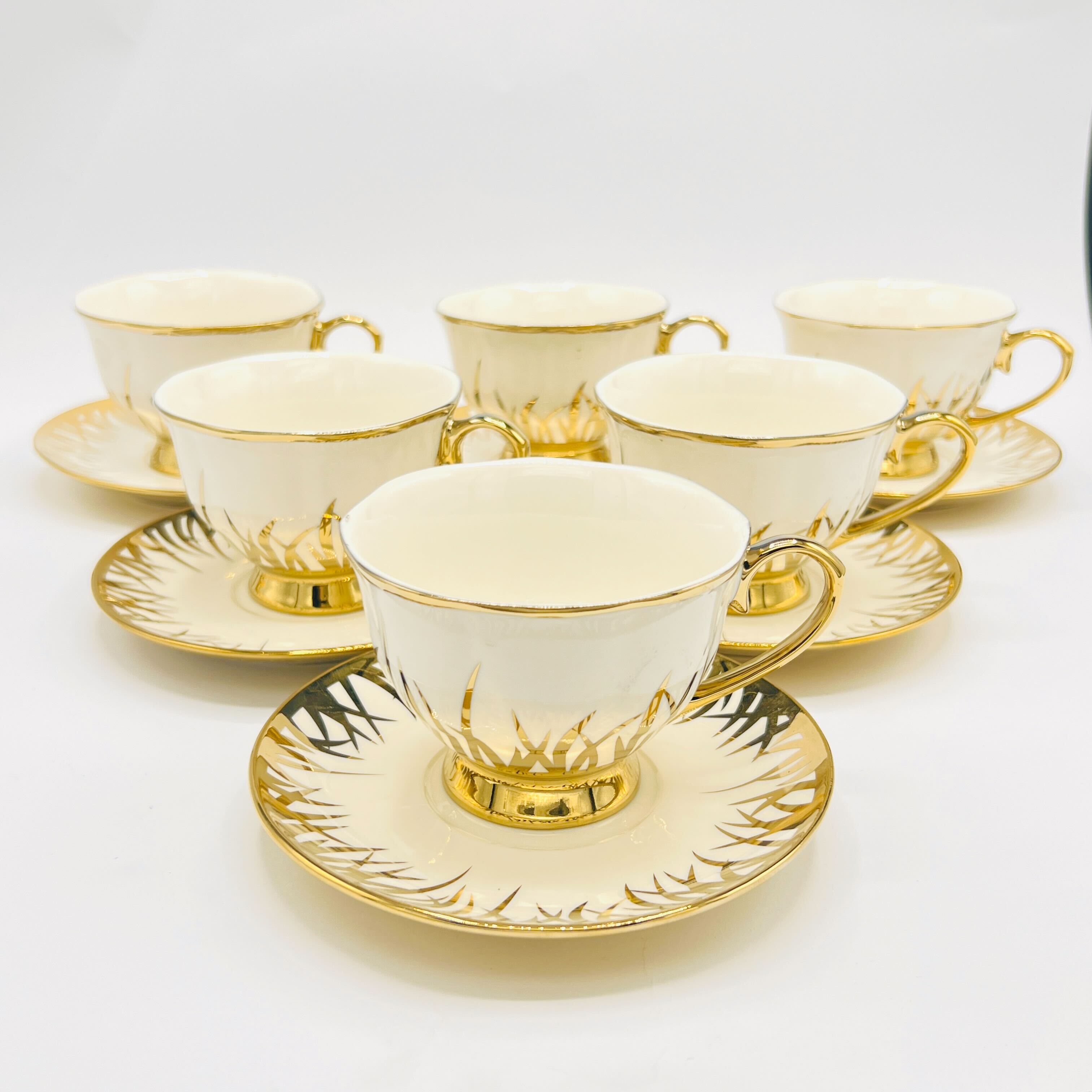 6 Persons Ceramic Tea cup & Saucer Set - Golden Bushes Design