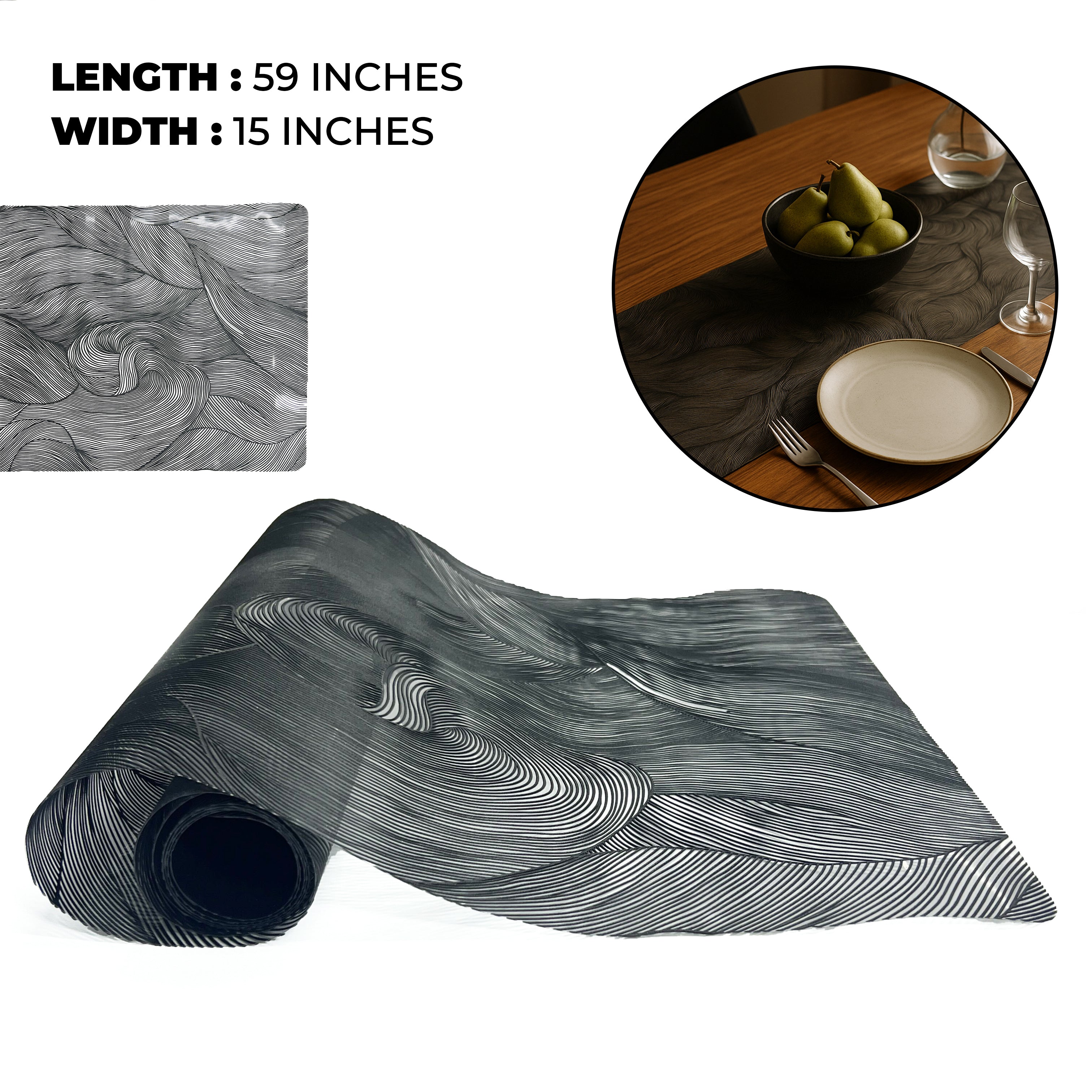 Lines art geometry table runner - Black color