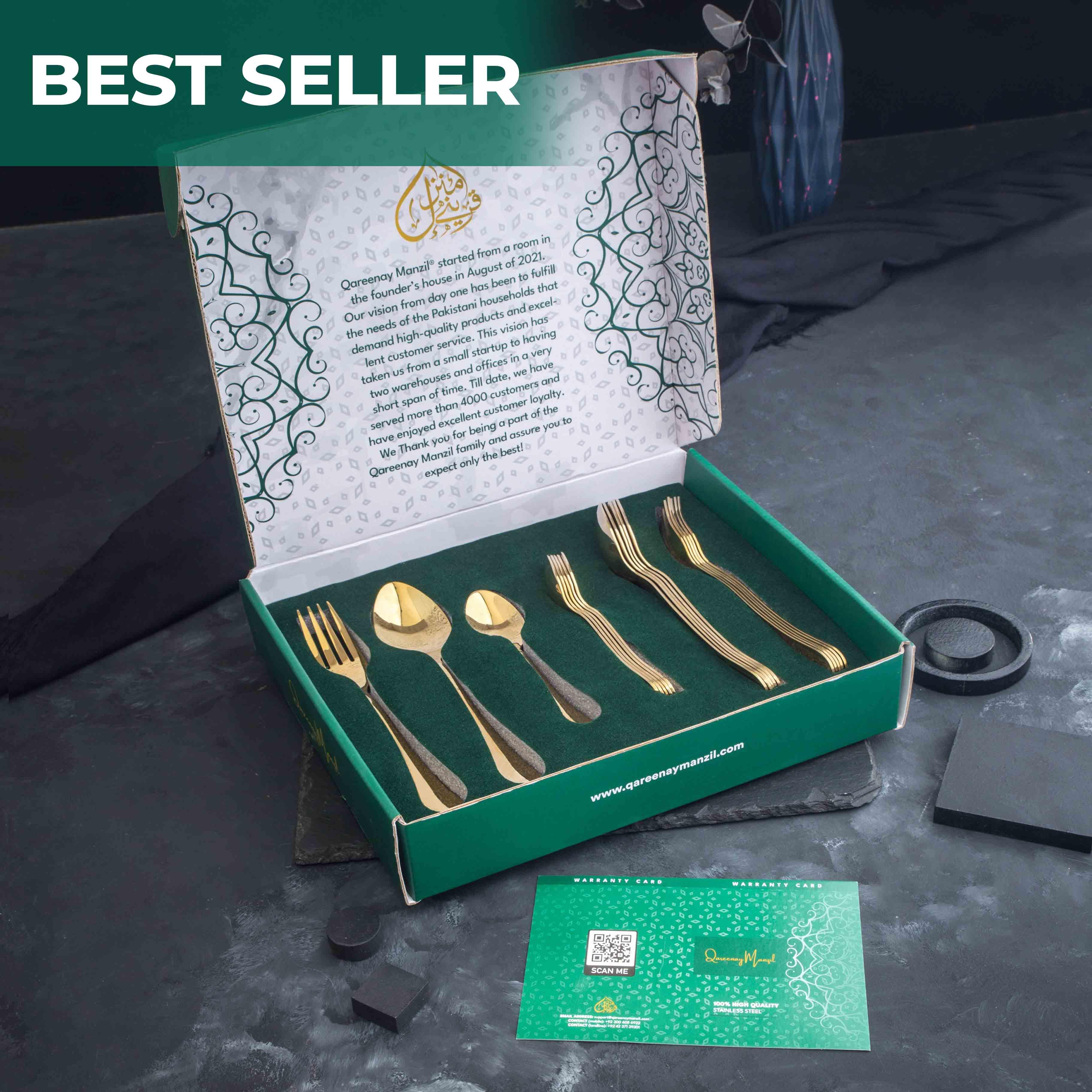 5 YEAR GUARANTEE 50 Gram Premium Golden Cutlery Set Qareenay Manzil® branded