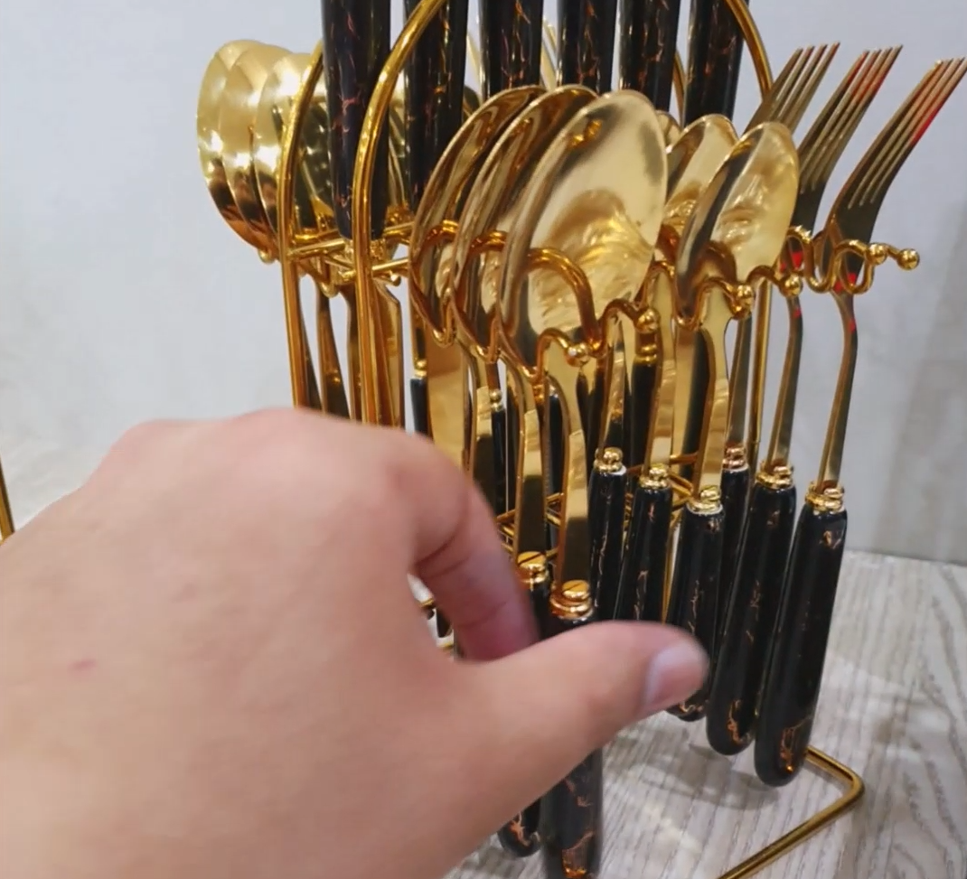 Black Marbline Golden Cutlery Set 25 Pcs