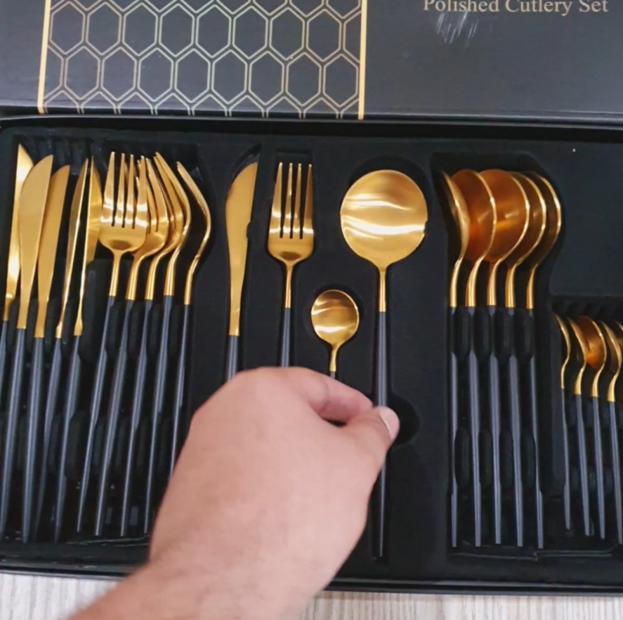 80 Gram HEAVY Quality Cutlery for 6 People - 24 Piece Set - Black & Golden