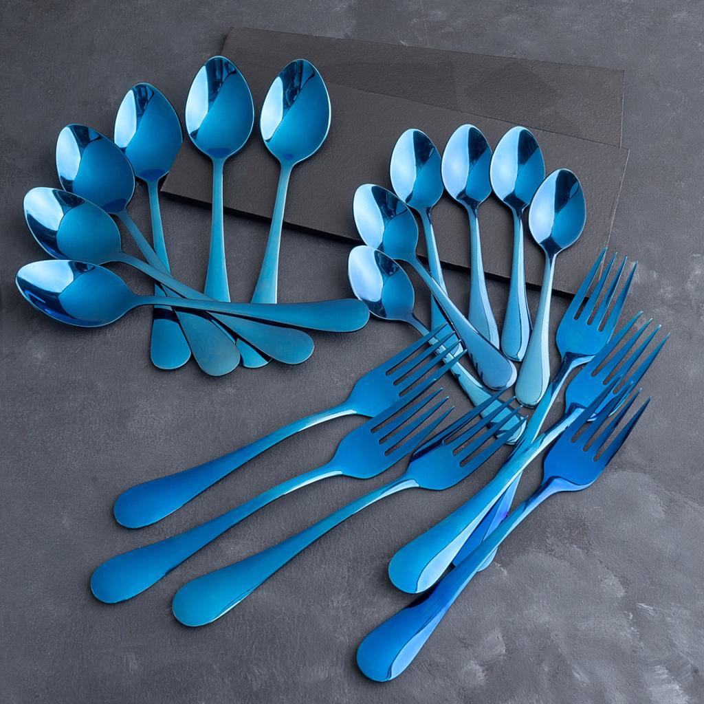 5 YEAR GUARANTEE 50 Gram Premium Shiny Blue Cutlery Set Qareenay Manzil® branded