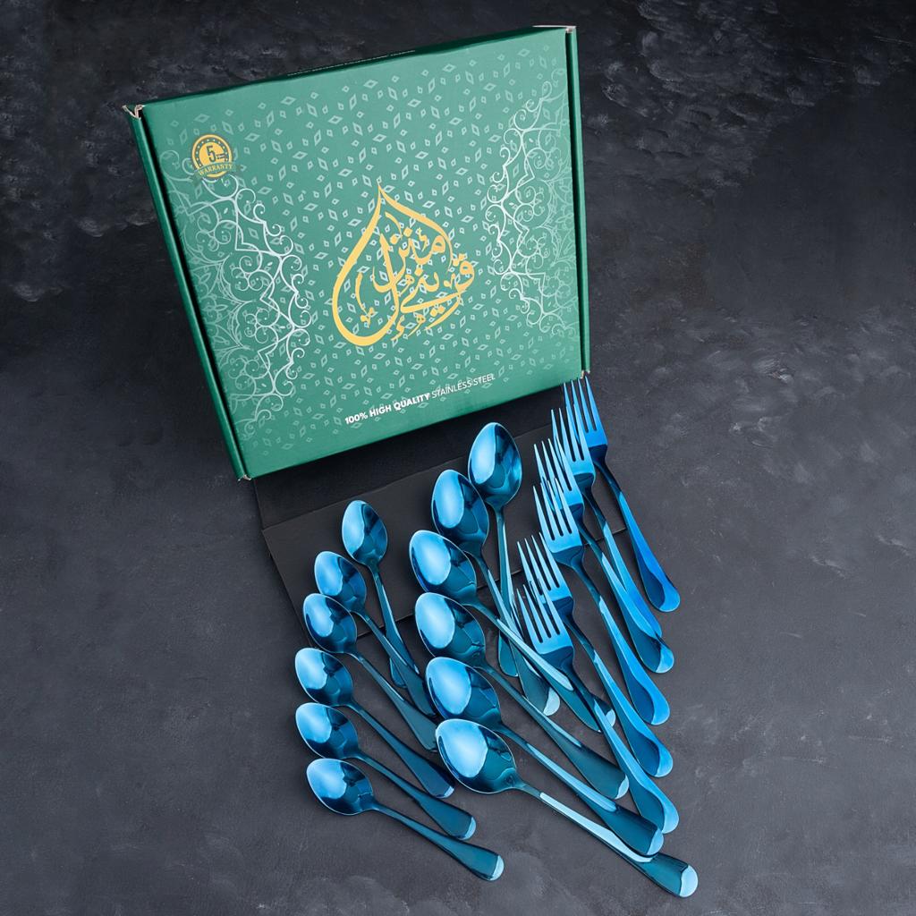 5 YEAR GUARANTEE 50 Gram Premium Shiny Blue Cutlery Set Qareenay Manzil® branded