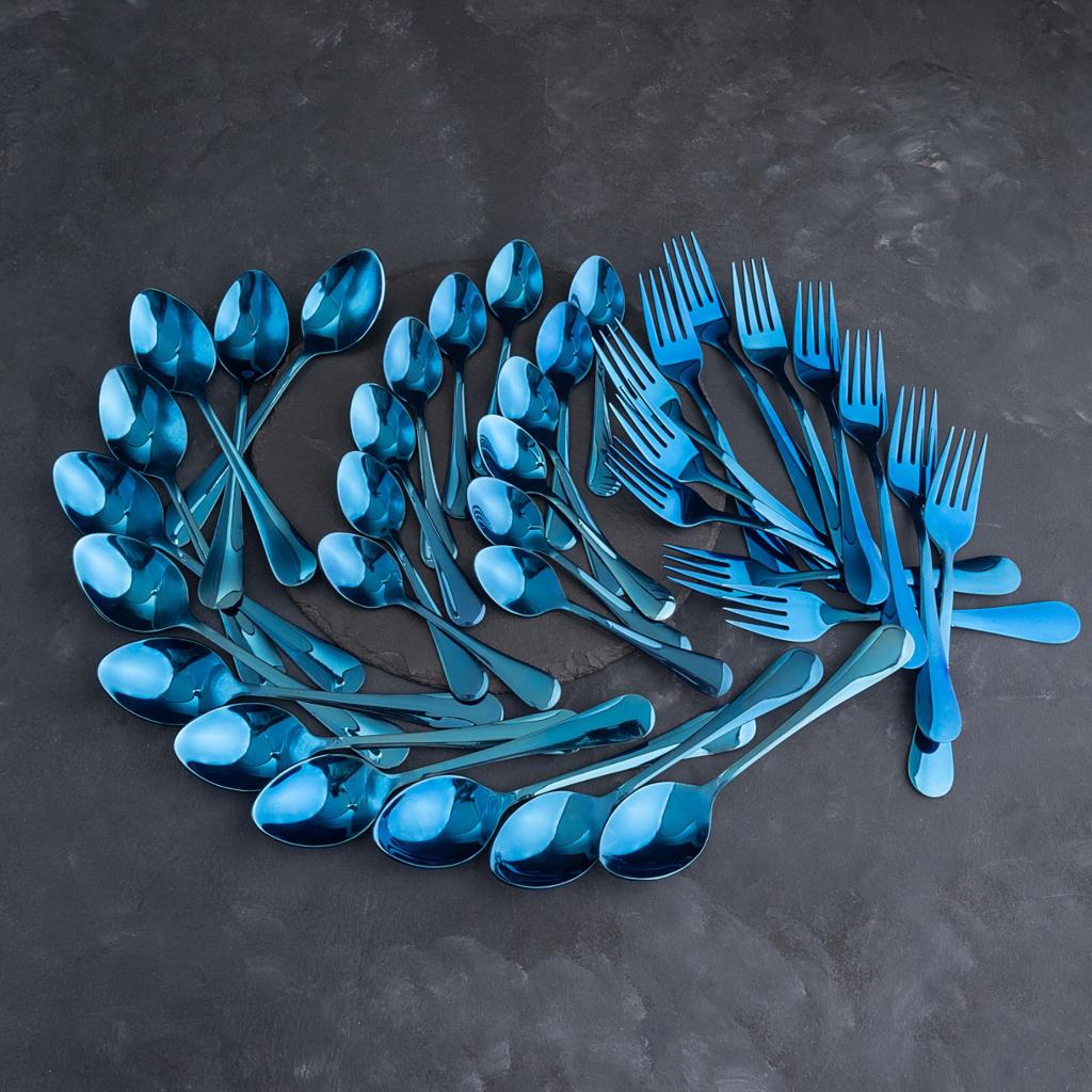 5 YEAR GUARANTEE 50 Gram Premium Shiny Blue Cutlery Set Qareenay Manzil® branded