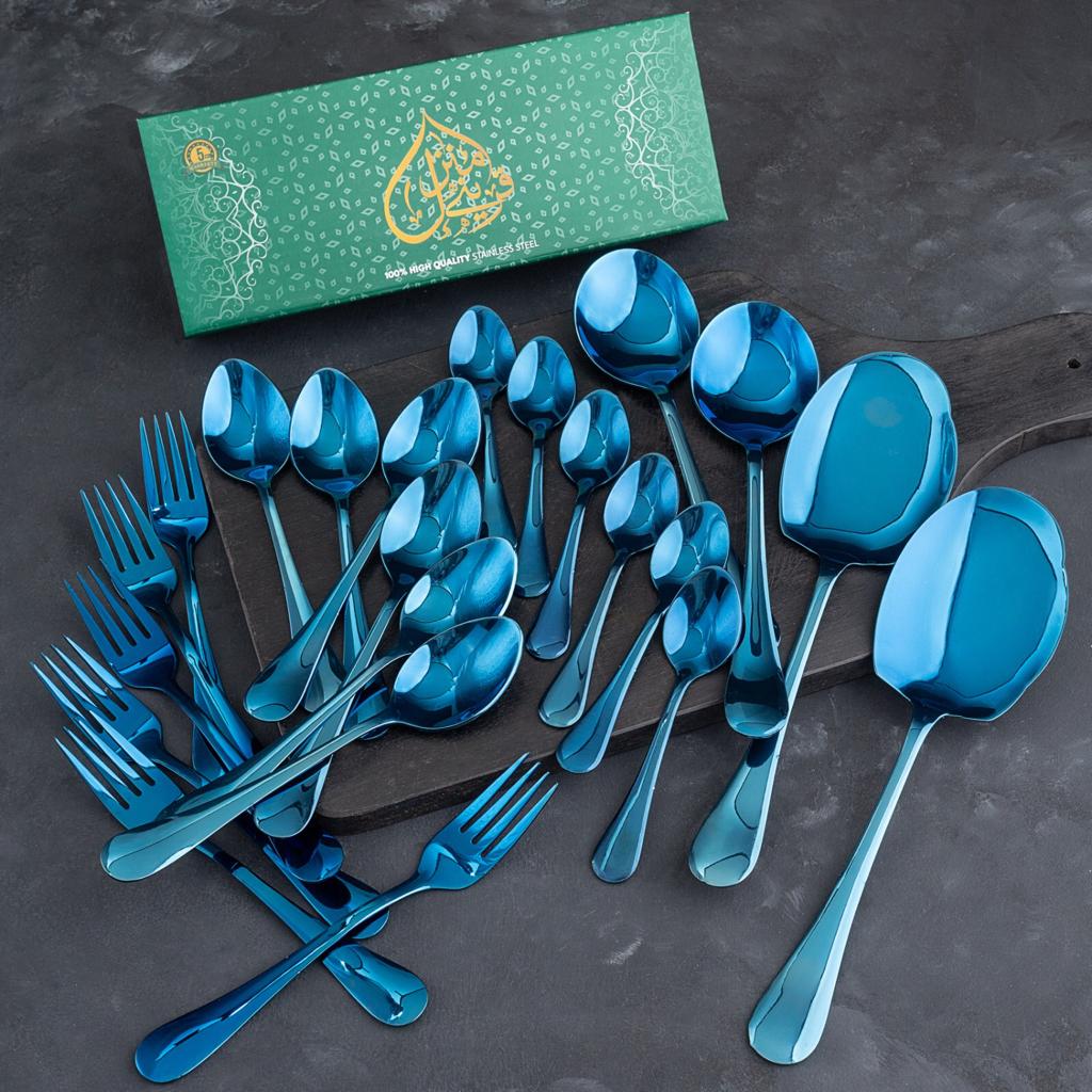 5 YEAR GUARANTEE 50 Gram Premium Shiny Blue Cutlery Set Qareenay Manzil® branded