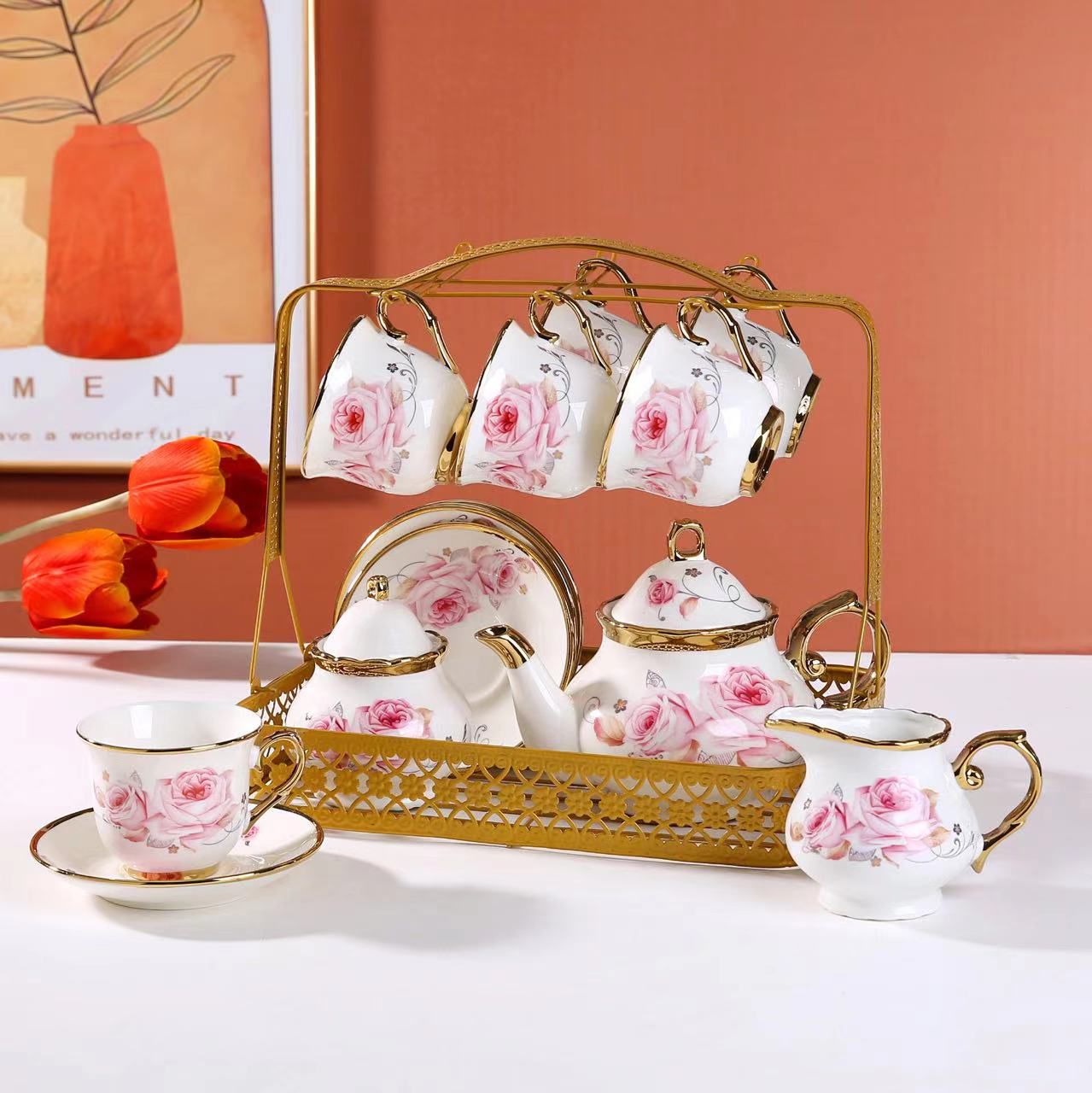 16 pcs Teacup Set with Stand - TSFD9