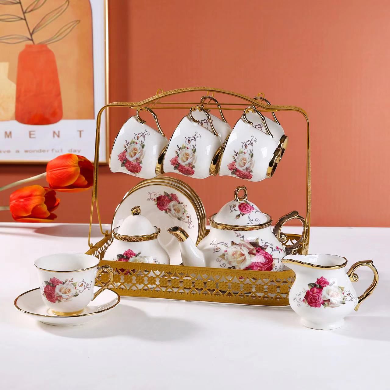 16 pcs Teacup Set with Stand - TSFD8