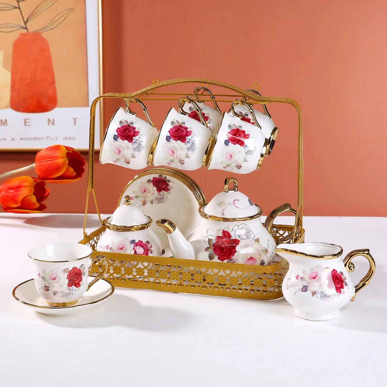 16 pcs Teacup Set with Stand - TSFD7