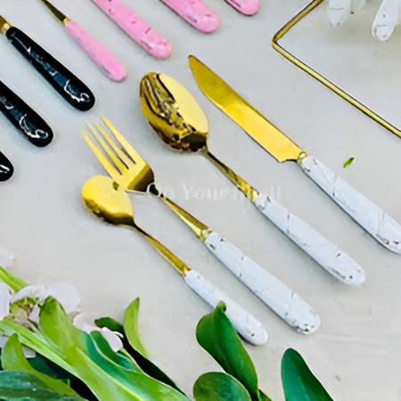 White Marbline Golden Cutlery Set 25 Pcs