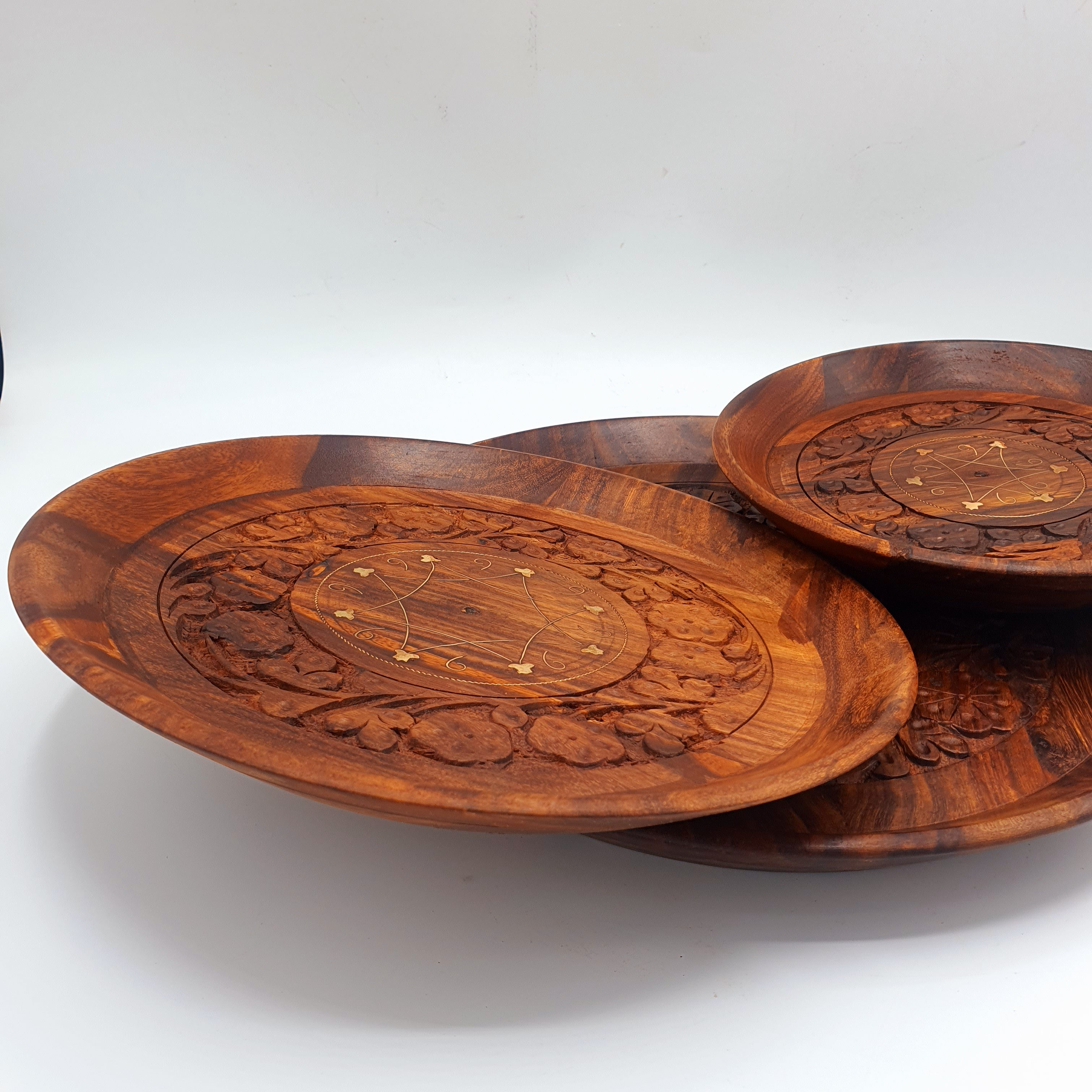 Pure Sheesham Wooden Handi Craft Round Trays - Set of 3