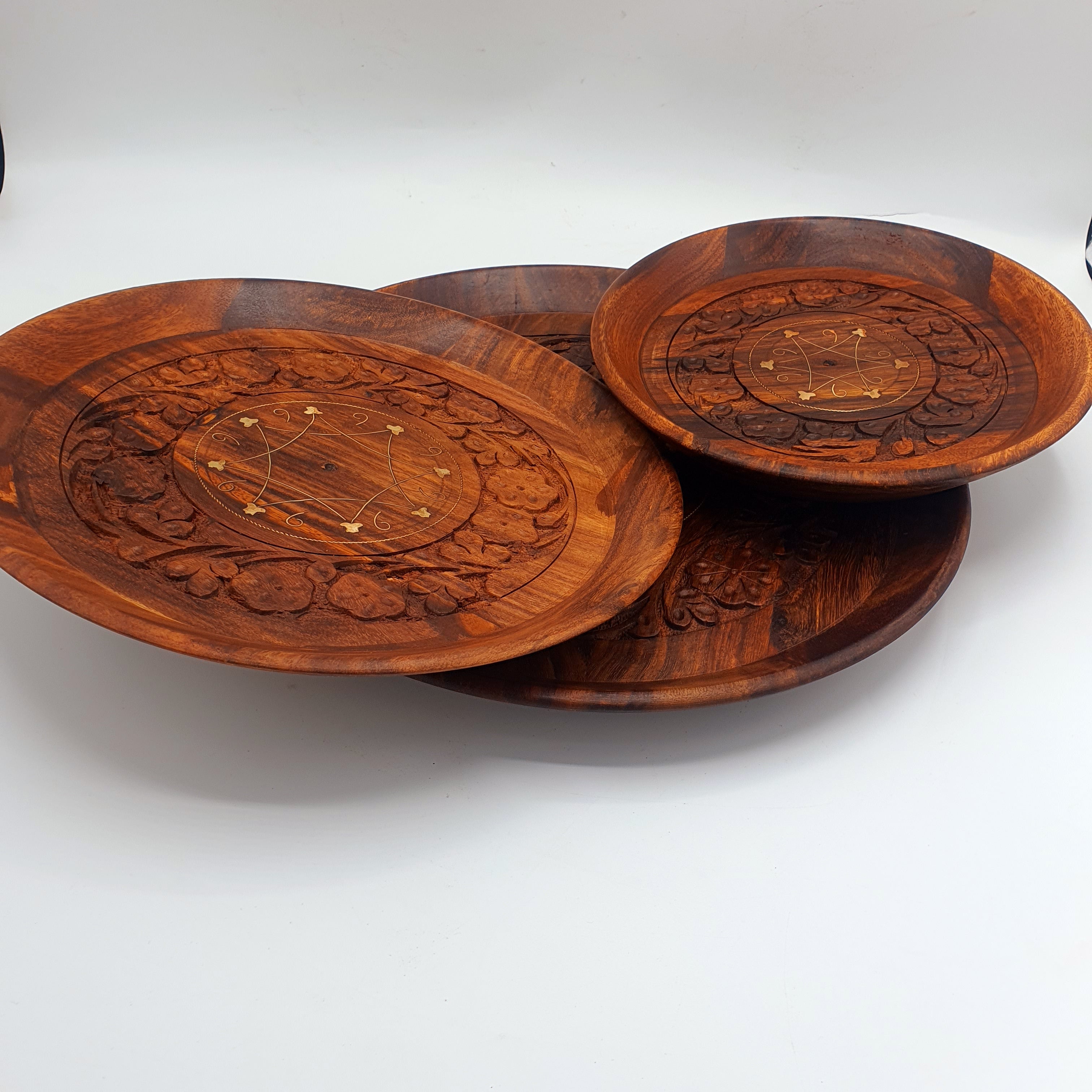 Pure Sheesham Wooden Handi Craft Round Trays - Set of 3