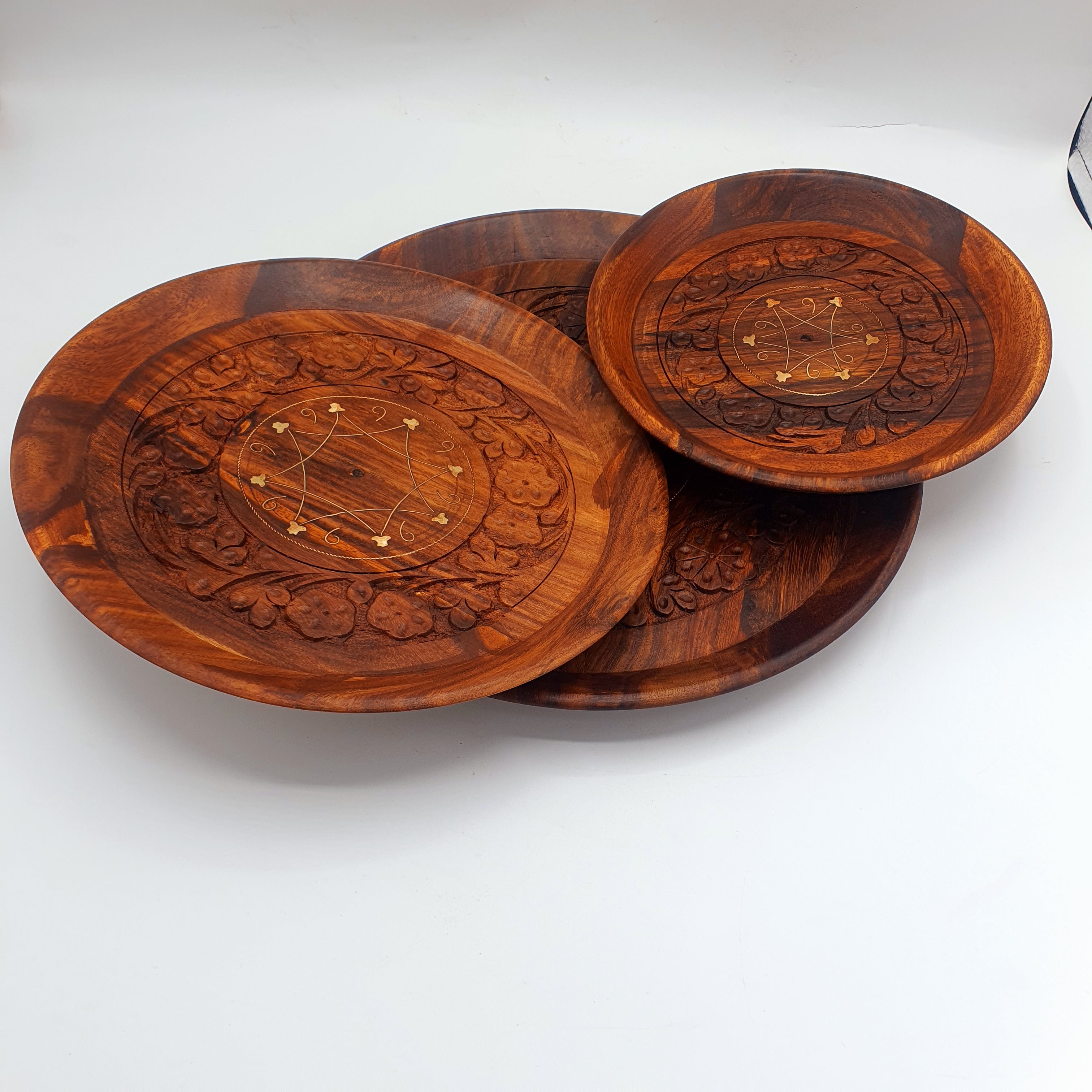 Pure Sheesham Wooden Handi Craft Round Trays - Set of 3