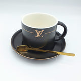 LV Design Premium Tea Cup with Saucer and Golden Spoon