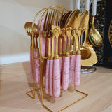 Cutlery with Stand for 6 People - 25 Piece Set - Pink & Golden