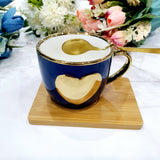 Tea Cup with Bamboo Saucer and Golden Spoon - Blue