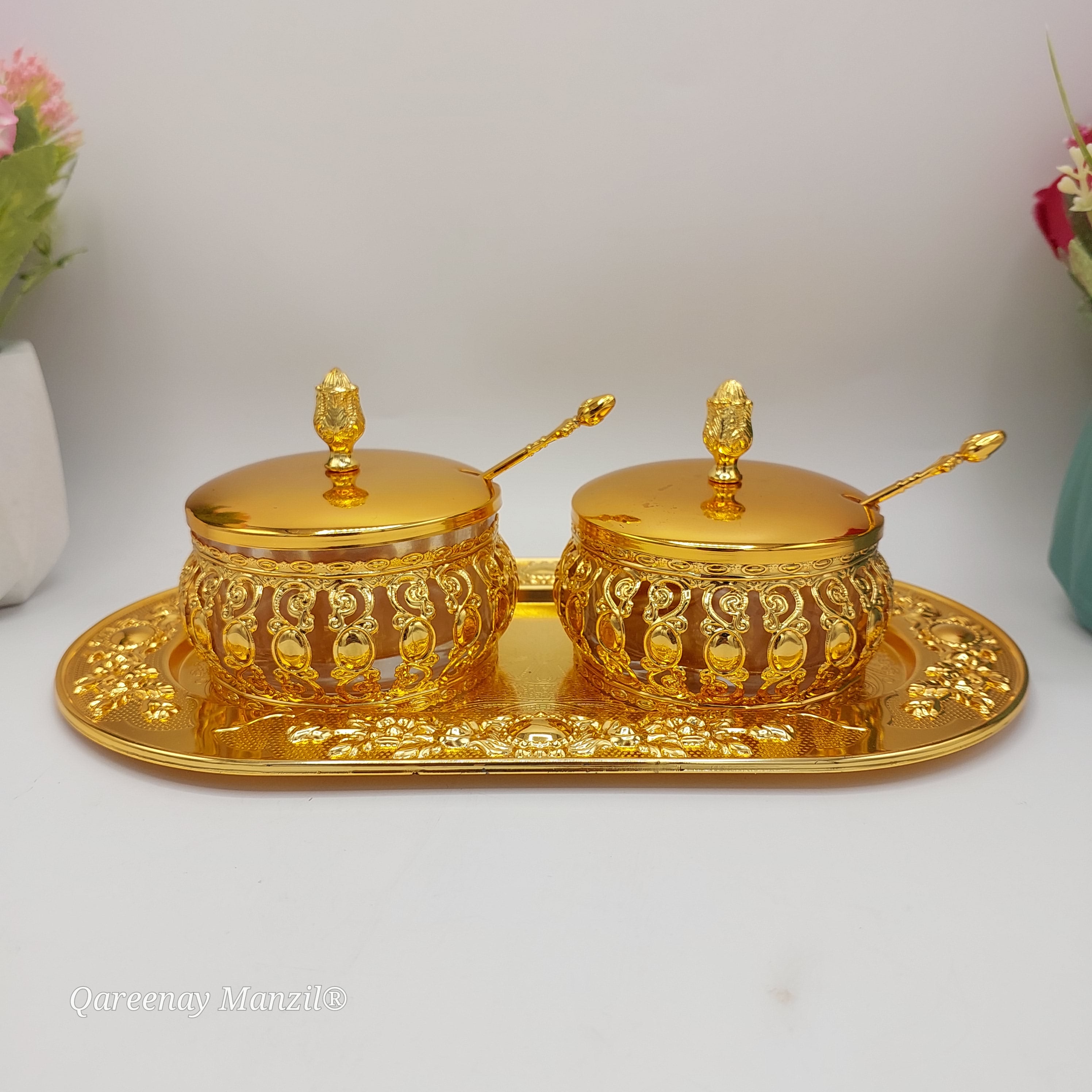 Royal Golden Sugar Pot Set - Glass & Stainless Steel