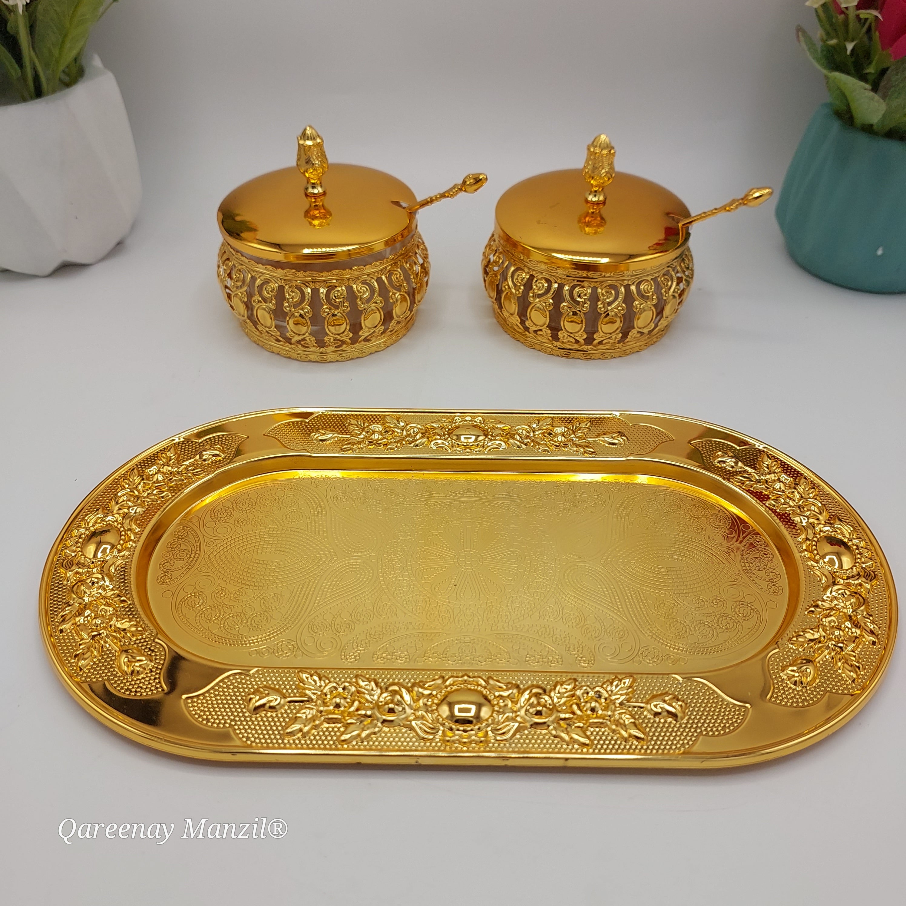 Royal Golden Sugar Pot Set - Glass & Stainless Steel