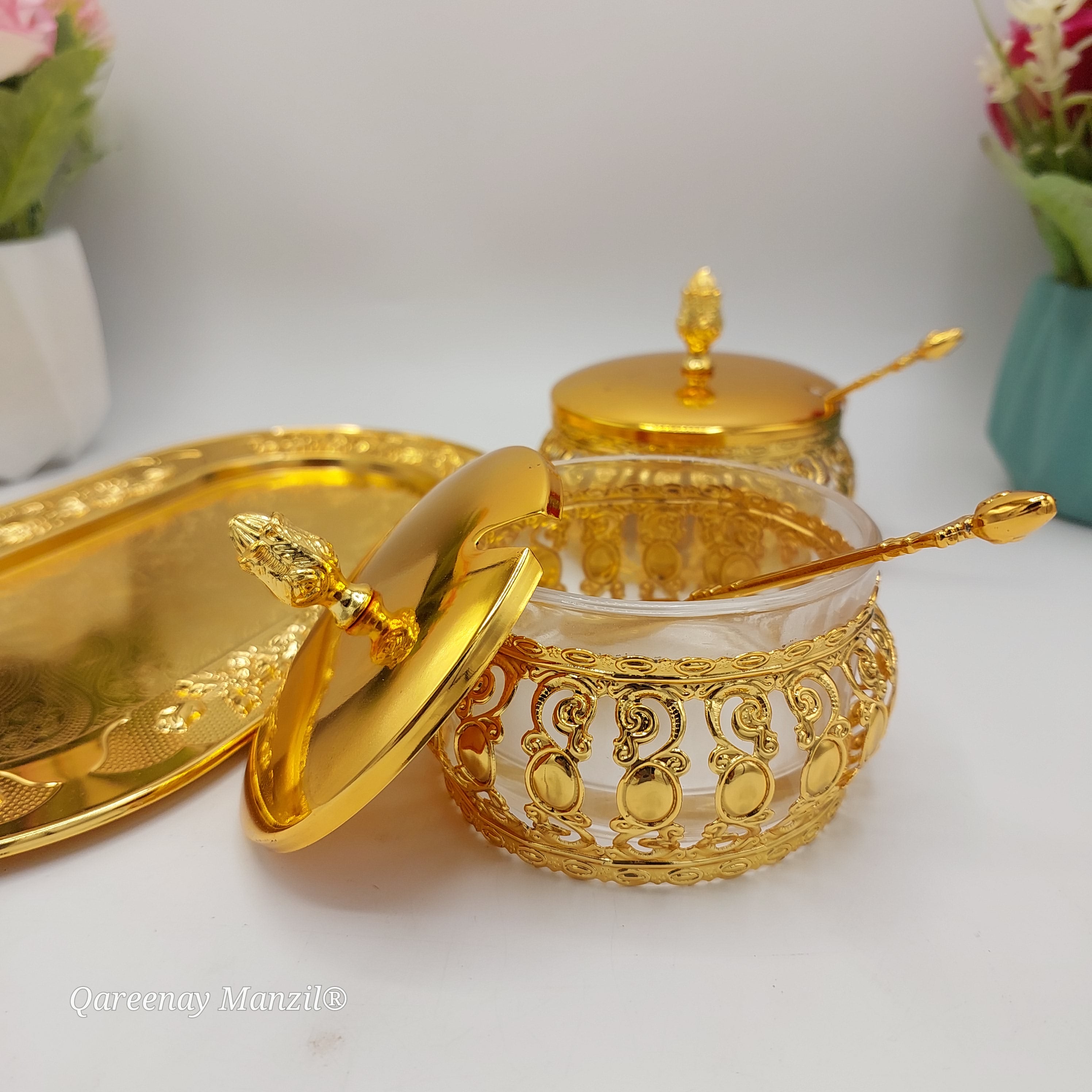 Royal Golden Sugar Pot Set - Glass & Stainless Steel