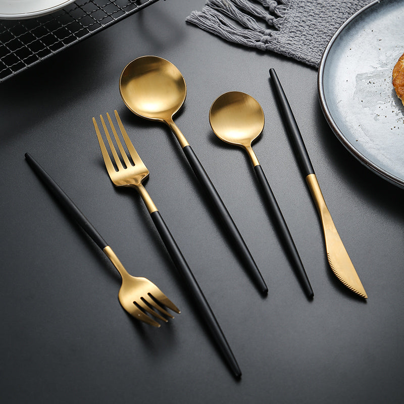80 Gram HEAVY Quality Cutlery for 6 People - 24 Piece Set - Black & Golden