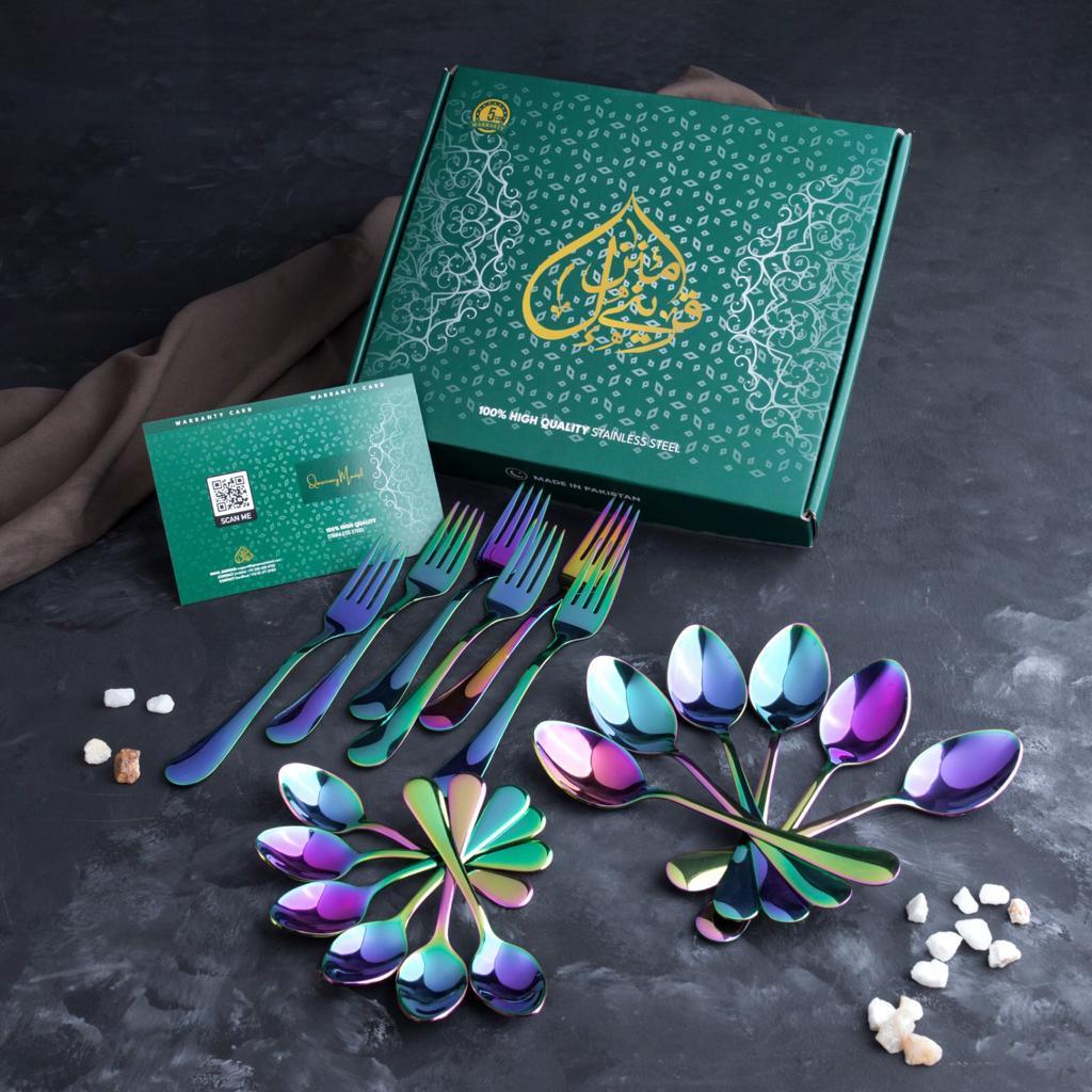 5 YEAR GUARANTEE 50 Gram Premium Rainbow Cutlery Set Qareenay Manzil® branded