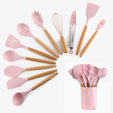 12-piece Silicone Kitchen Utensils Set with Resting Pad- Pink