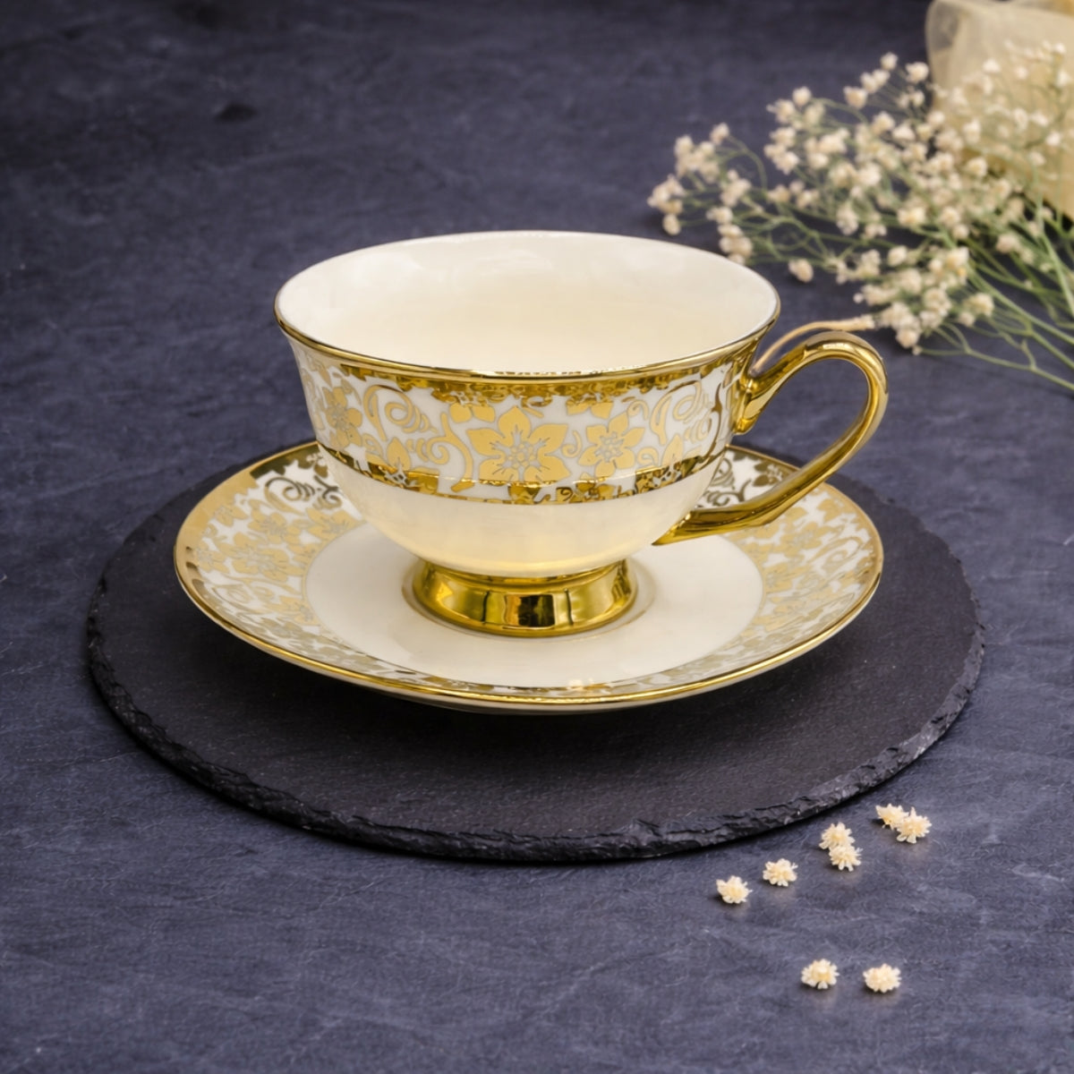 6 Persons Ceramic Tea cup & Saucer Set - Golden Flower Design