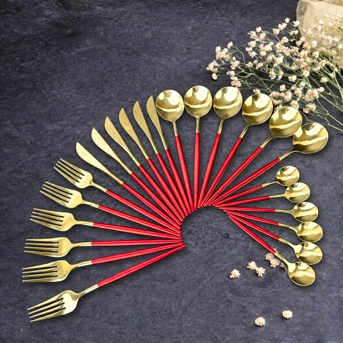 35 Gram Quality Cutlery for 6 People - 24 Piece Set - Gold & Red