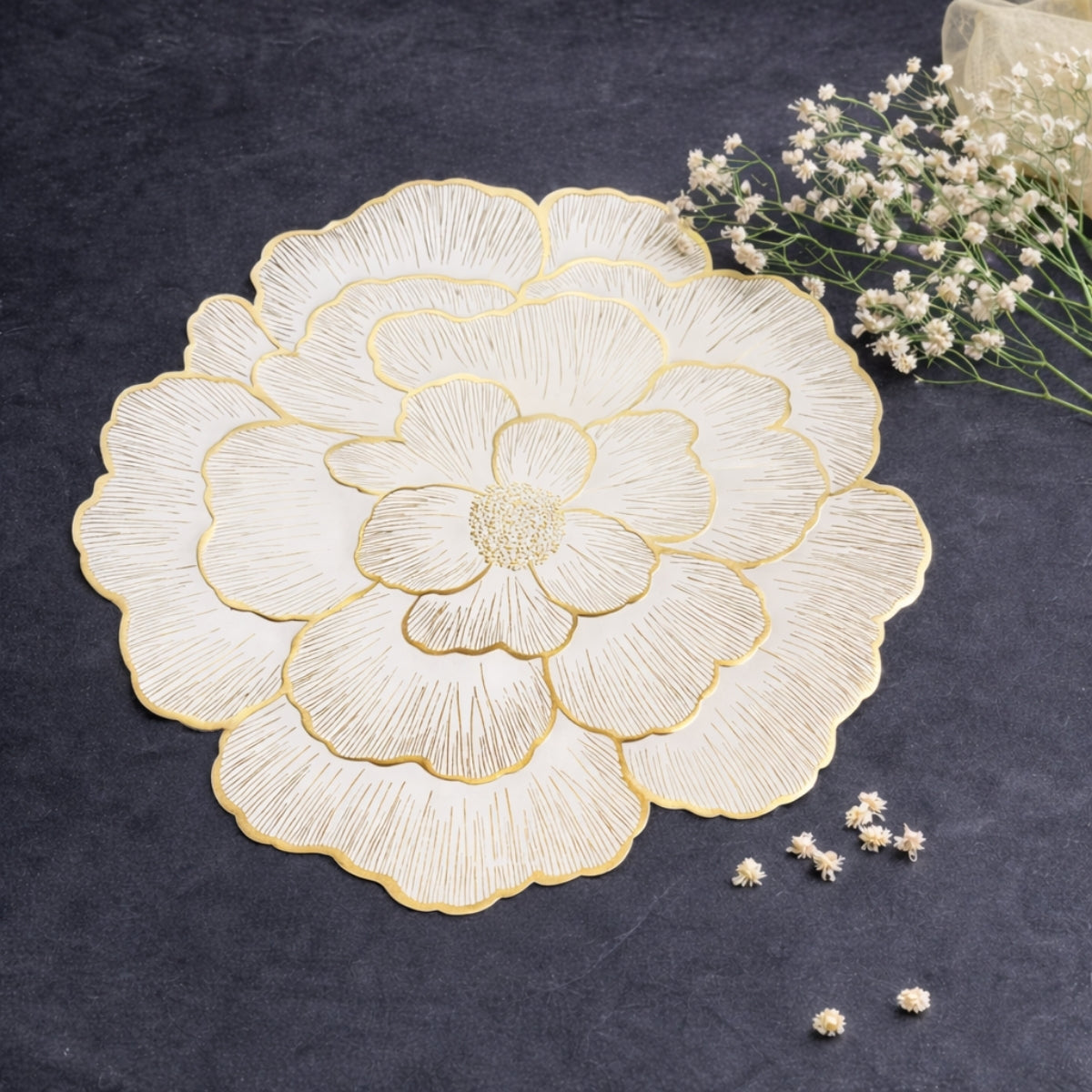 Golden & White Round Floral Placemat