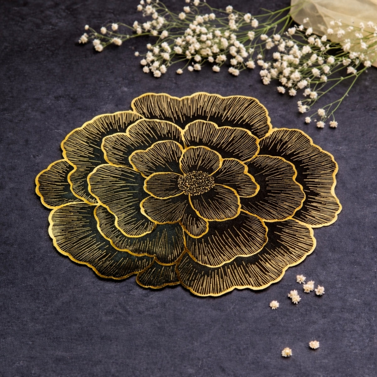 Golden & Black Round Floral Placemat