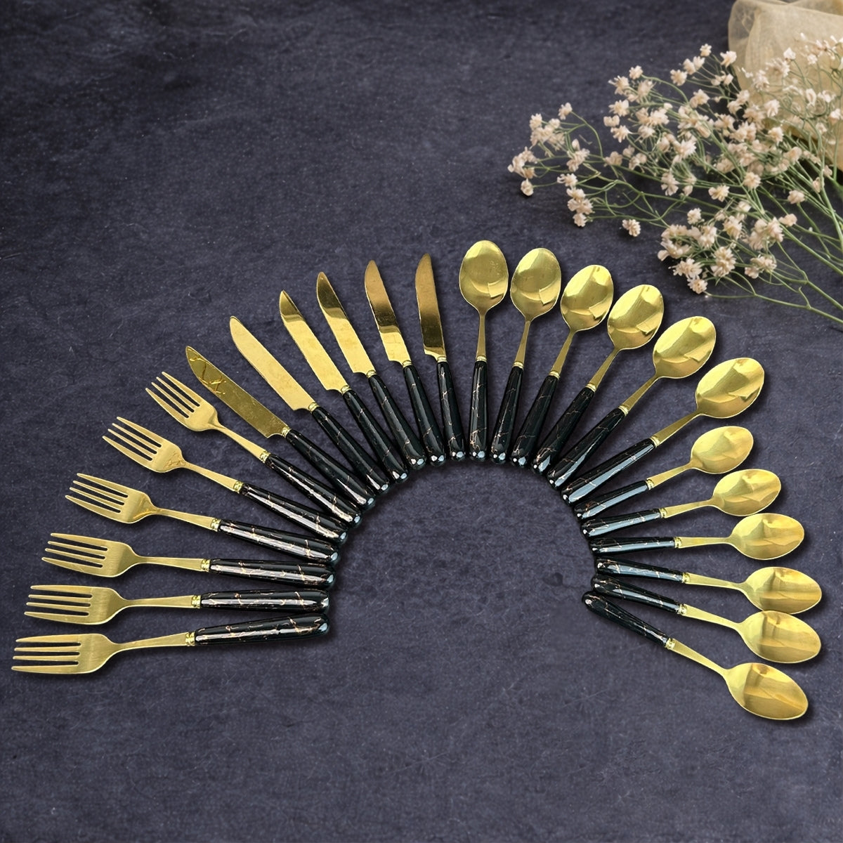Black Marbline Golden Cutlery Set 25 Pcs