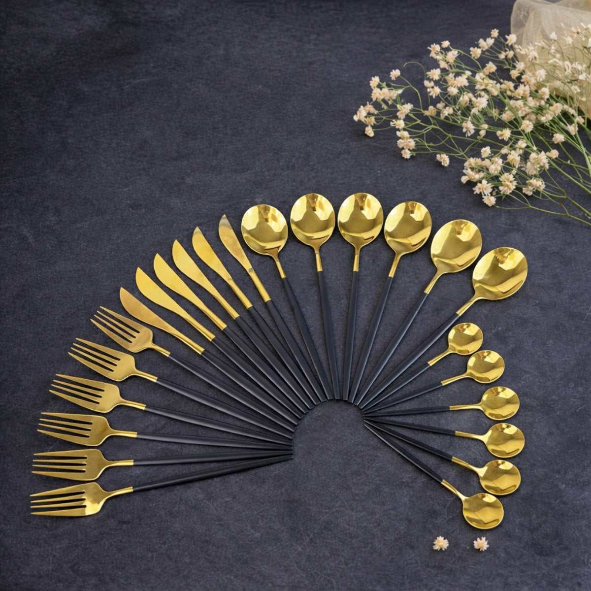 35 Grams Quality Cutlery for 6 People - 24 Piece Set - Gold & Black