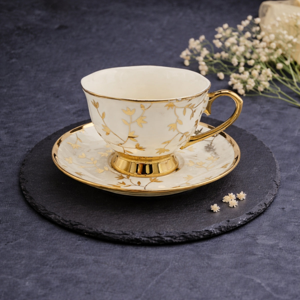 6 Persons Ceramic Tea cup & Saucer Set - Golden Arabic Design