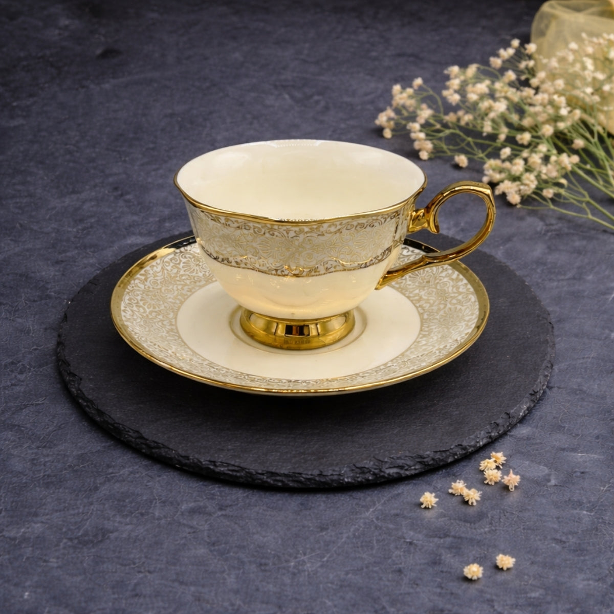 6 Persons Ceramic Tea cup & Saucer Set - Golden Flower 2 Design