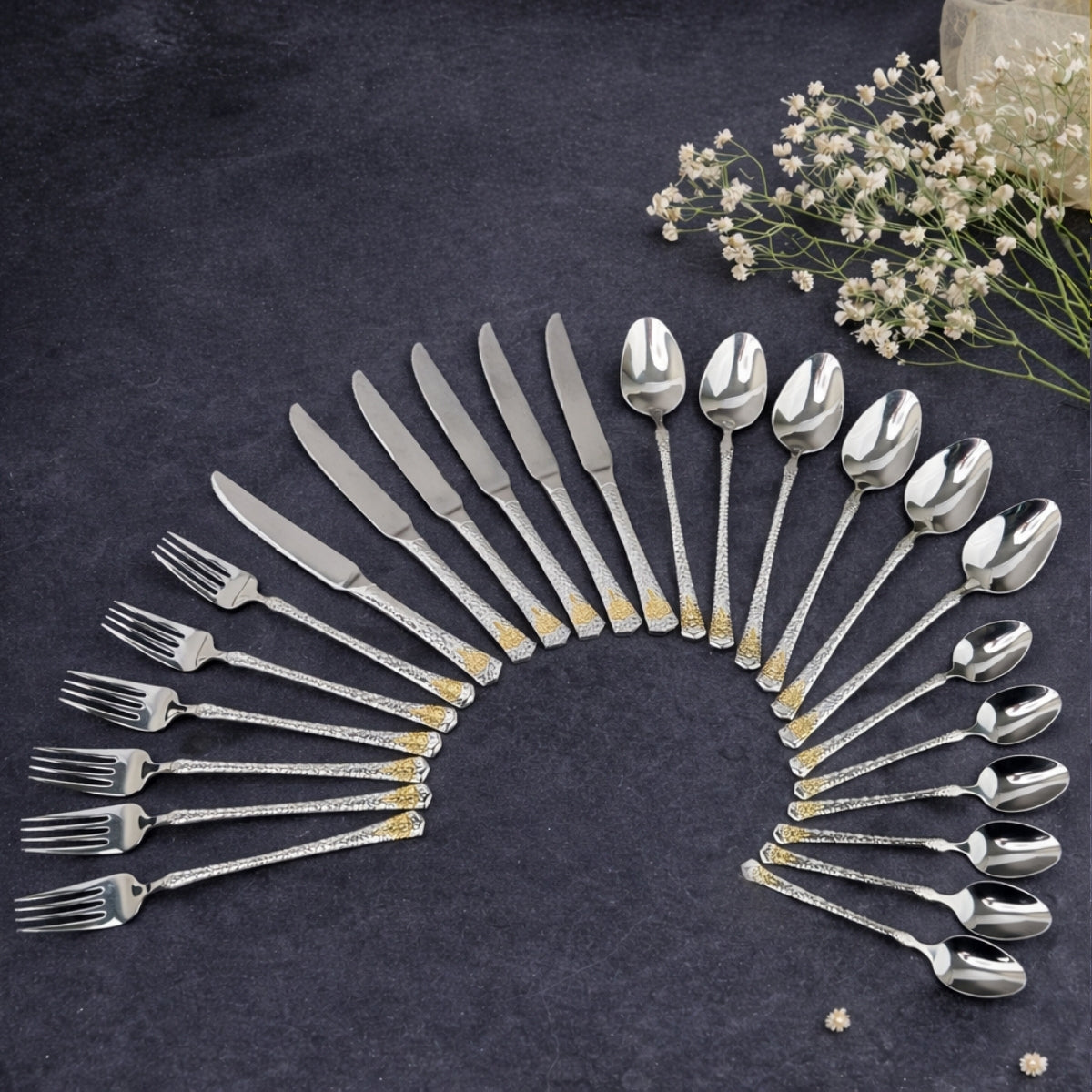 AYD Premium 24-Piece Hammered Golden & Silver Cutlery Set - 6 Person