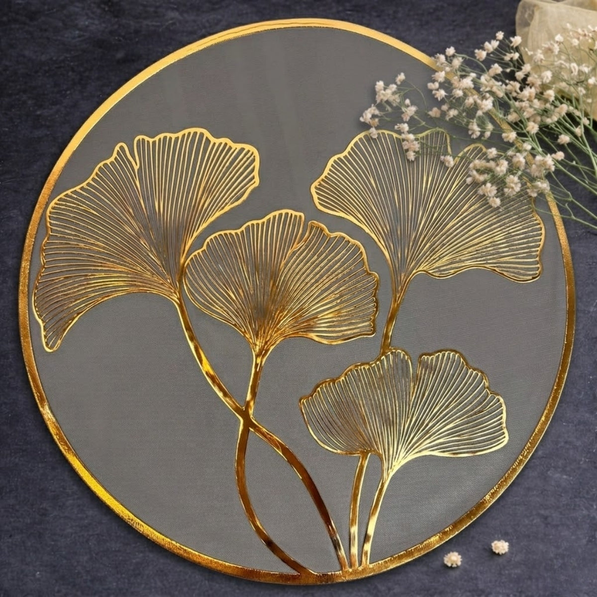 Golden & Grey Round Ginkgo Placemat